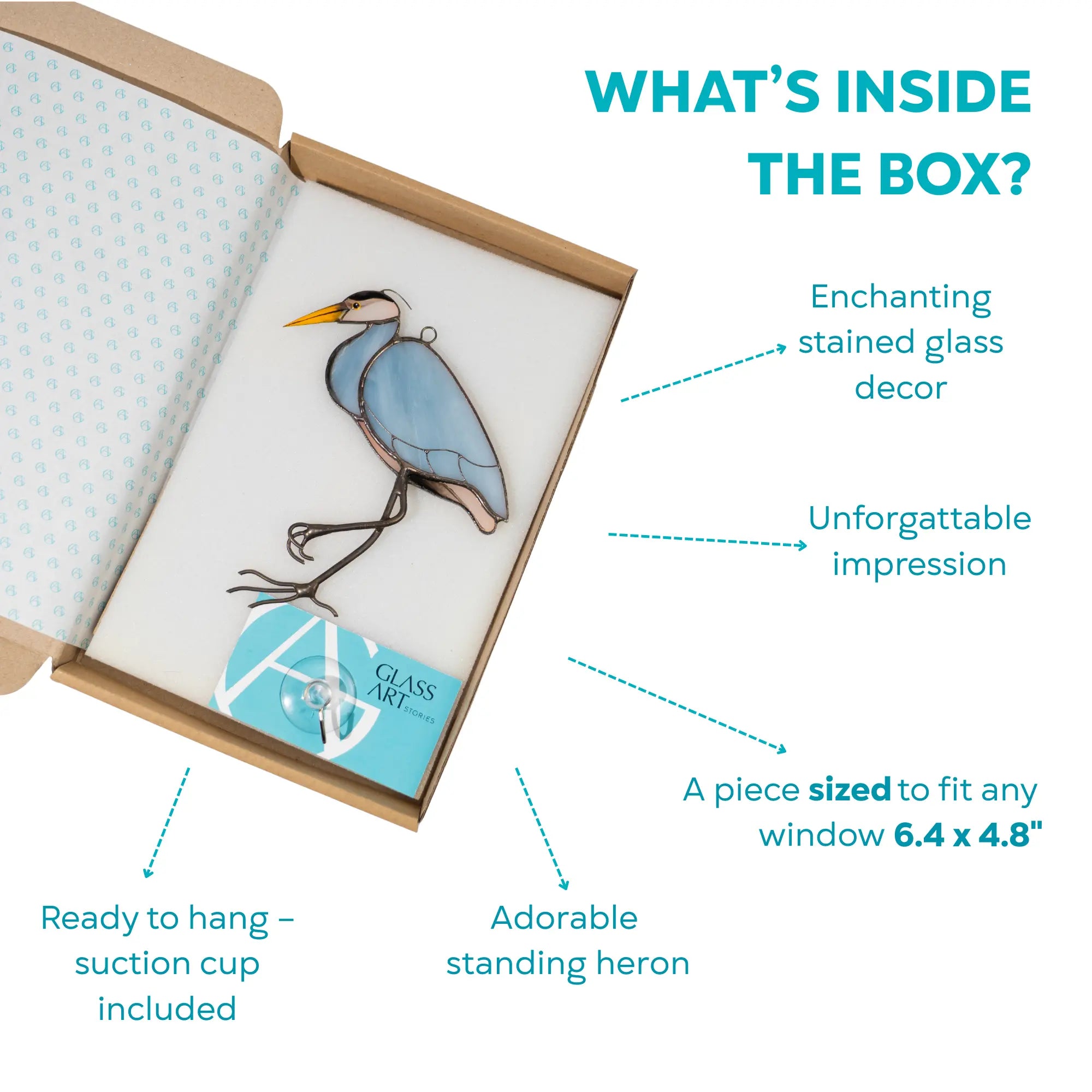 Stained glass heron window decor in a box with product details and suction cup with branded card included
