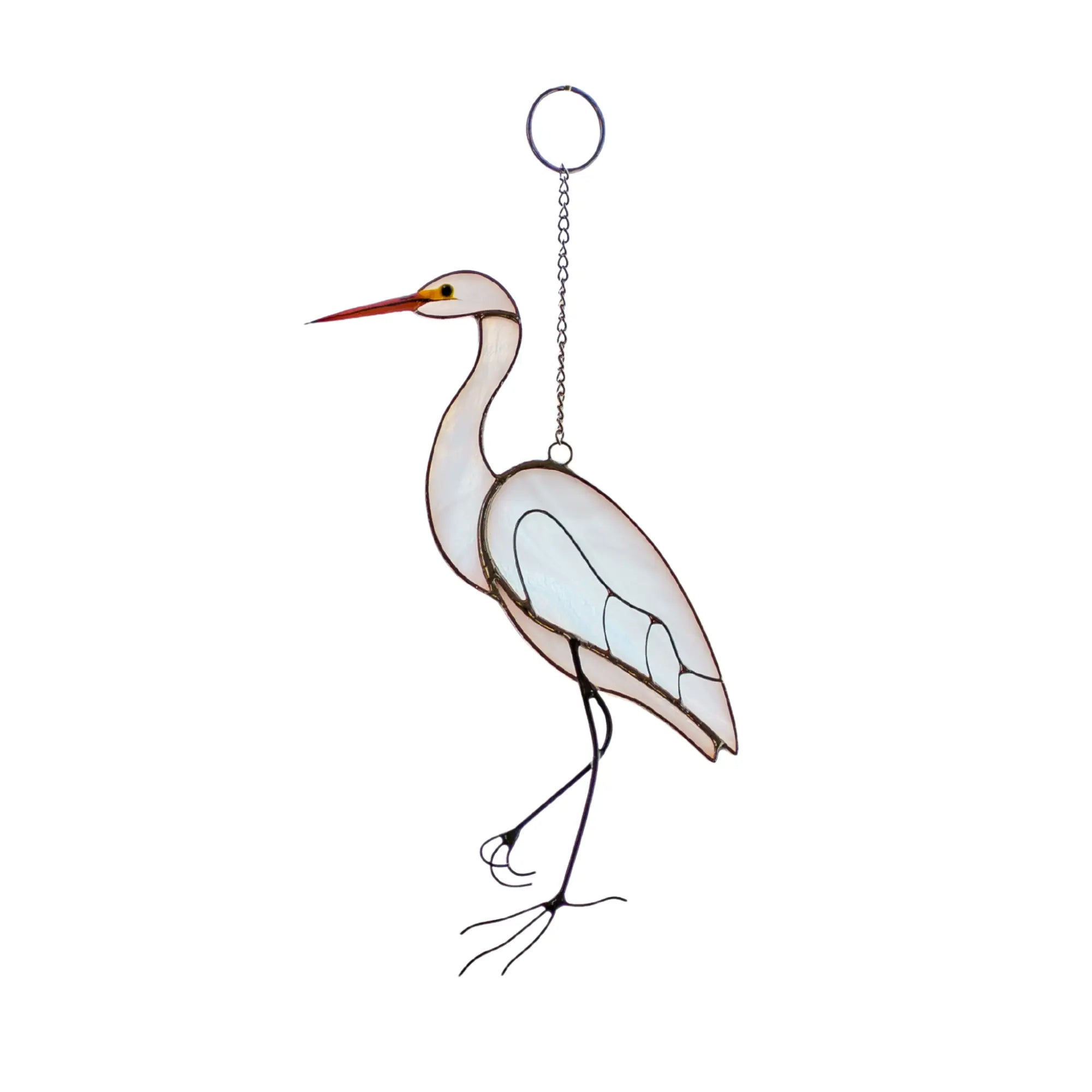Stained glass heron hanging suncatcher on a white background