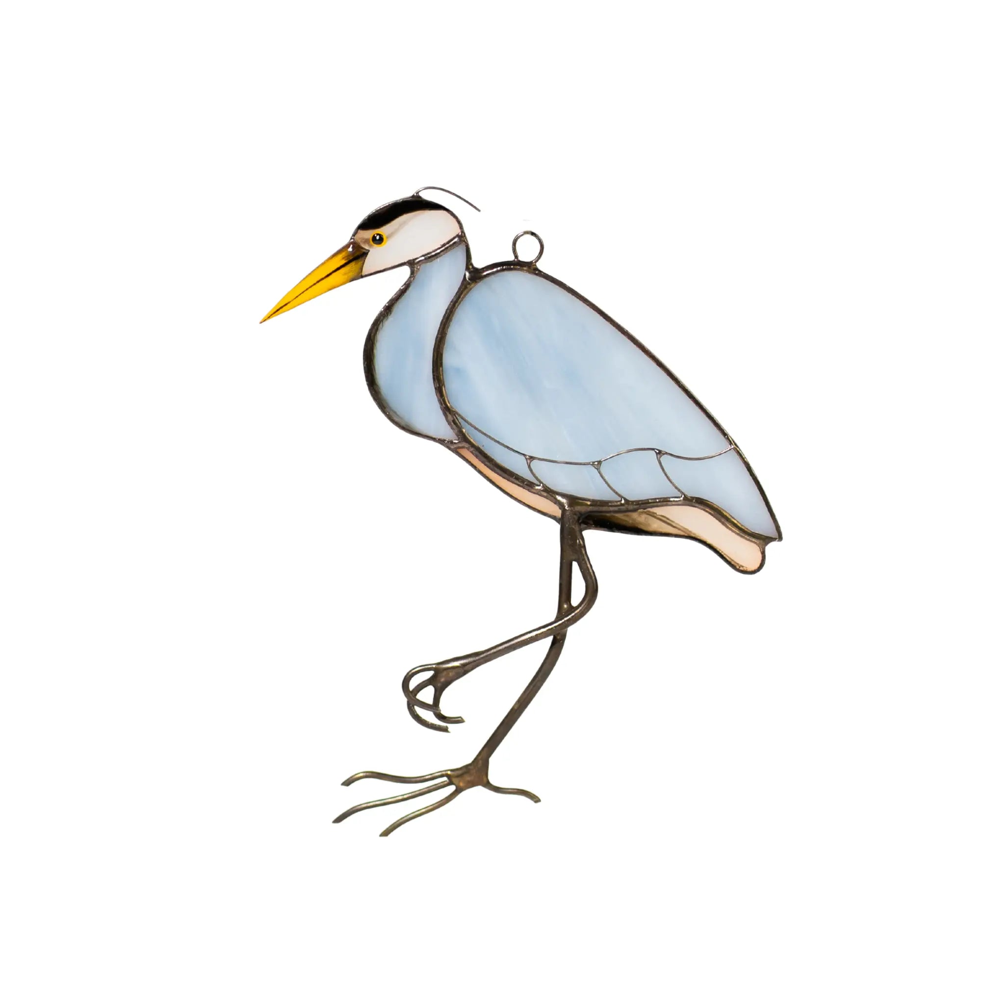 Stained glass suncatcher heron window hanging on a white background