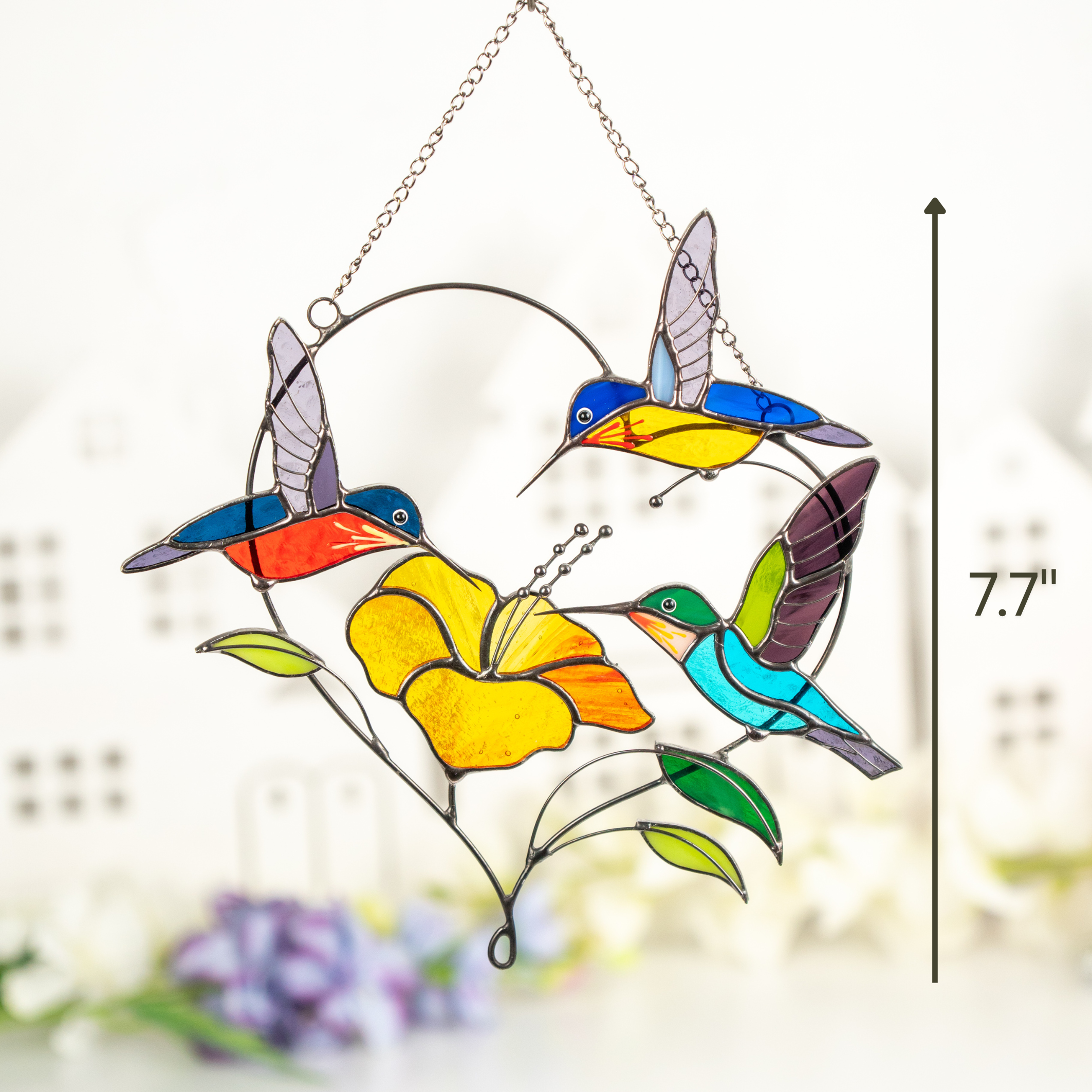 Measurement photo of the suncatcher, showing its 7.7-inch height with detailed view of all elements.