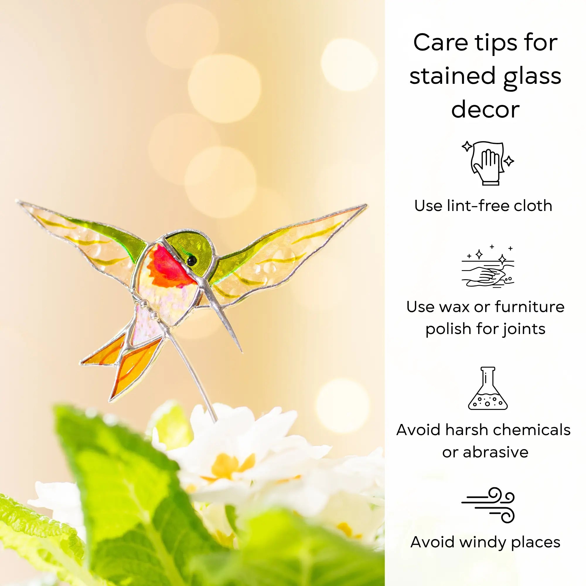 Stained glass hummingbird plant stake with care tips on a blurred natural background: use lint-free cloth, polish joints with car wax or furniture polish, avoid harsh chemicals, and windy places.