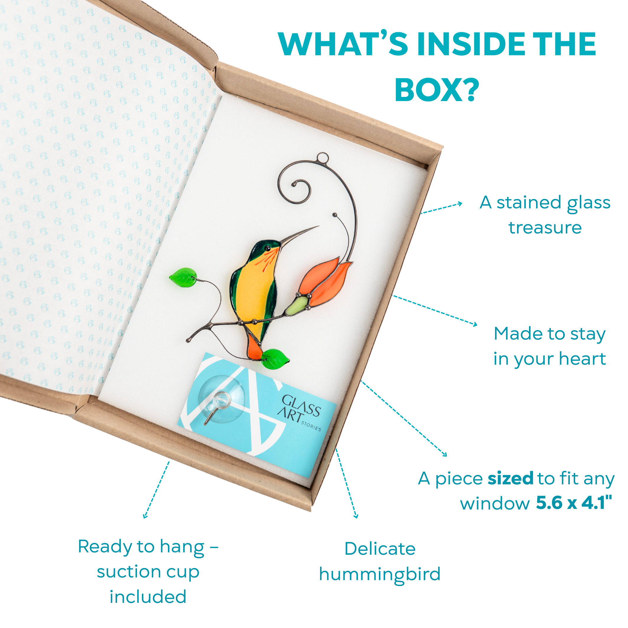 Yellow and green stained glass hummingbird with orange flower packed in gift box with card and hanger