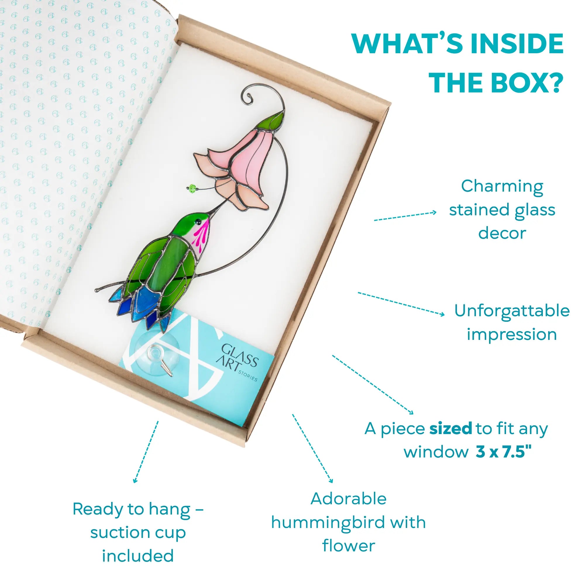 Stained glass decor of a hummingbird with a flower in an open box, with its components