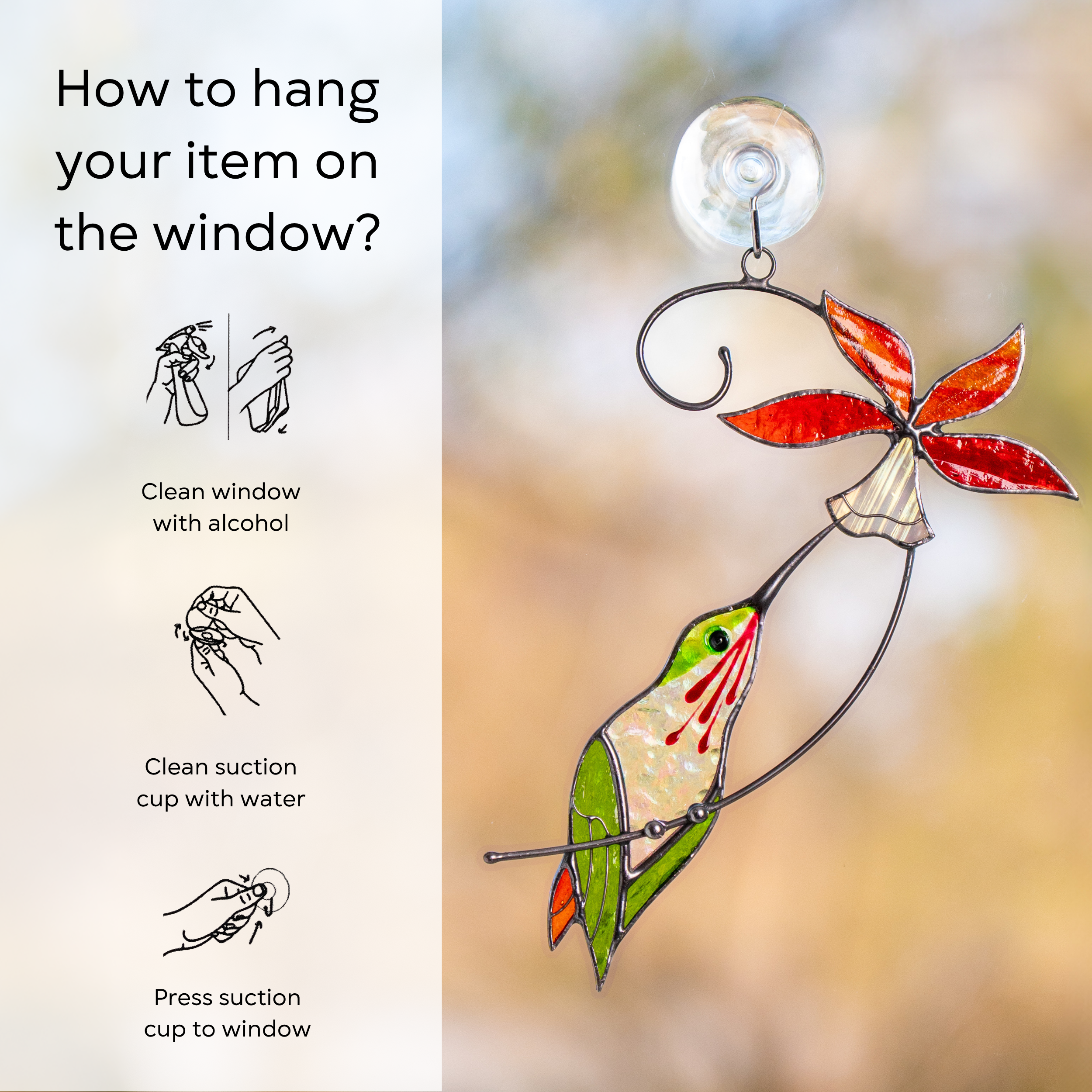 Glass suncatcher of a hummingbird and red bell flower attached to a window with a suction cup, with instruction beside: clean window and suction cup, press a cup to the surface.