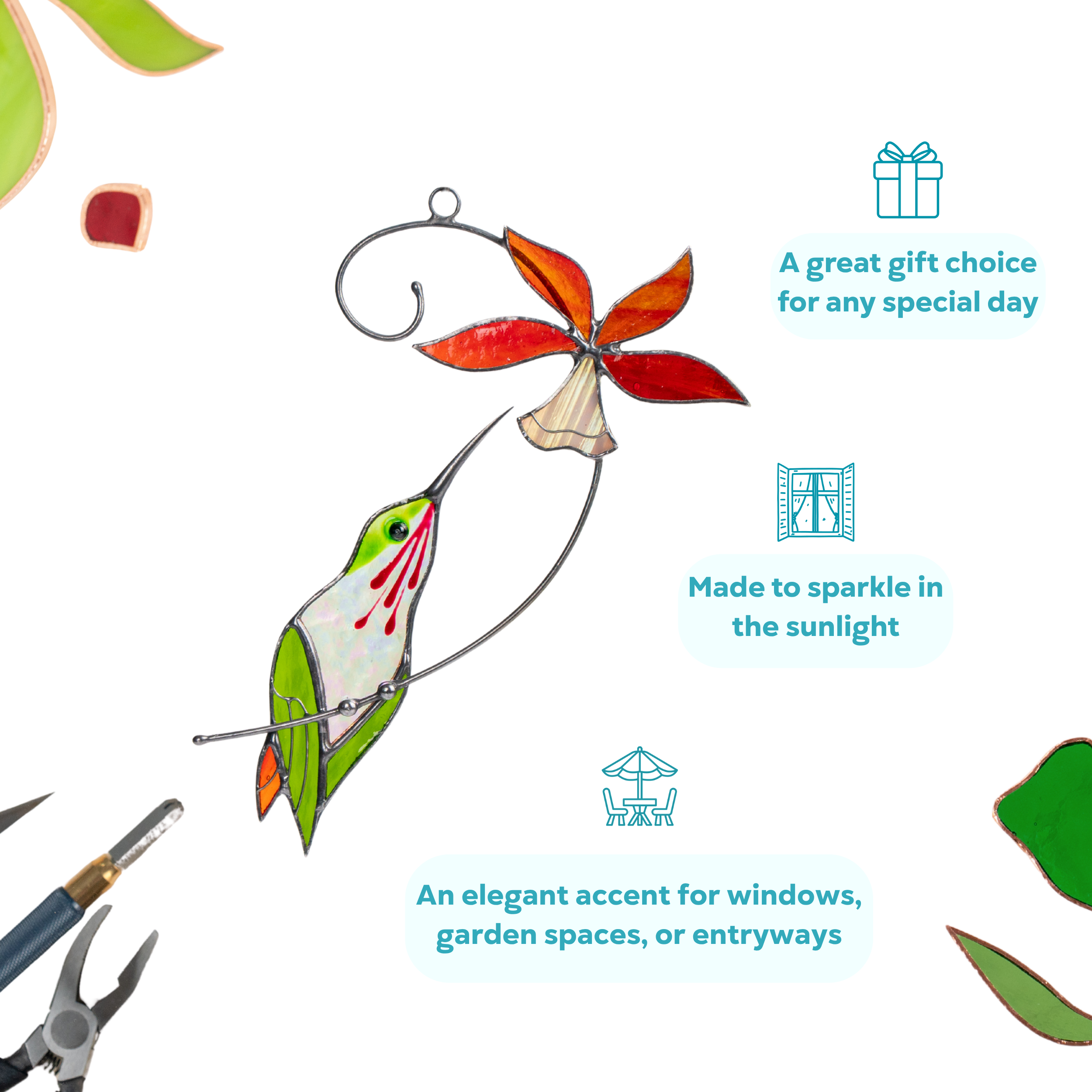 Green stained glass hummingbird with a red bell-shaped flower as an ideal gift for any occasion.