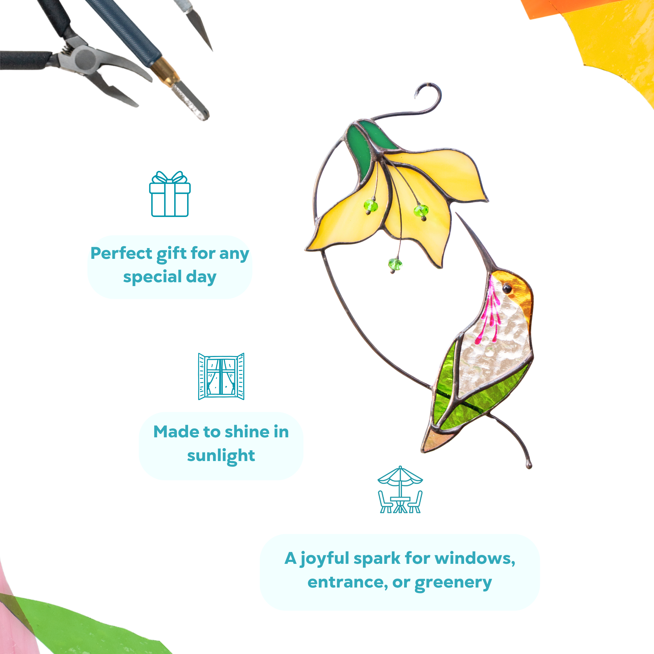 Infographic showing stained glass hummingbird and yellow flower with gift and decor icons