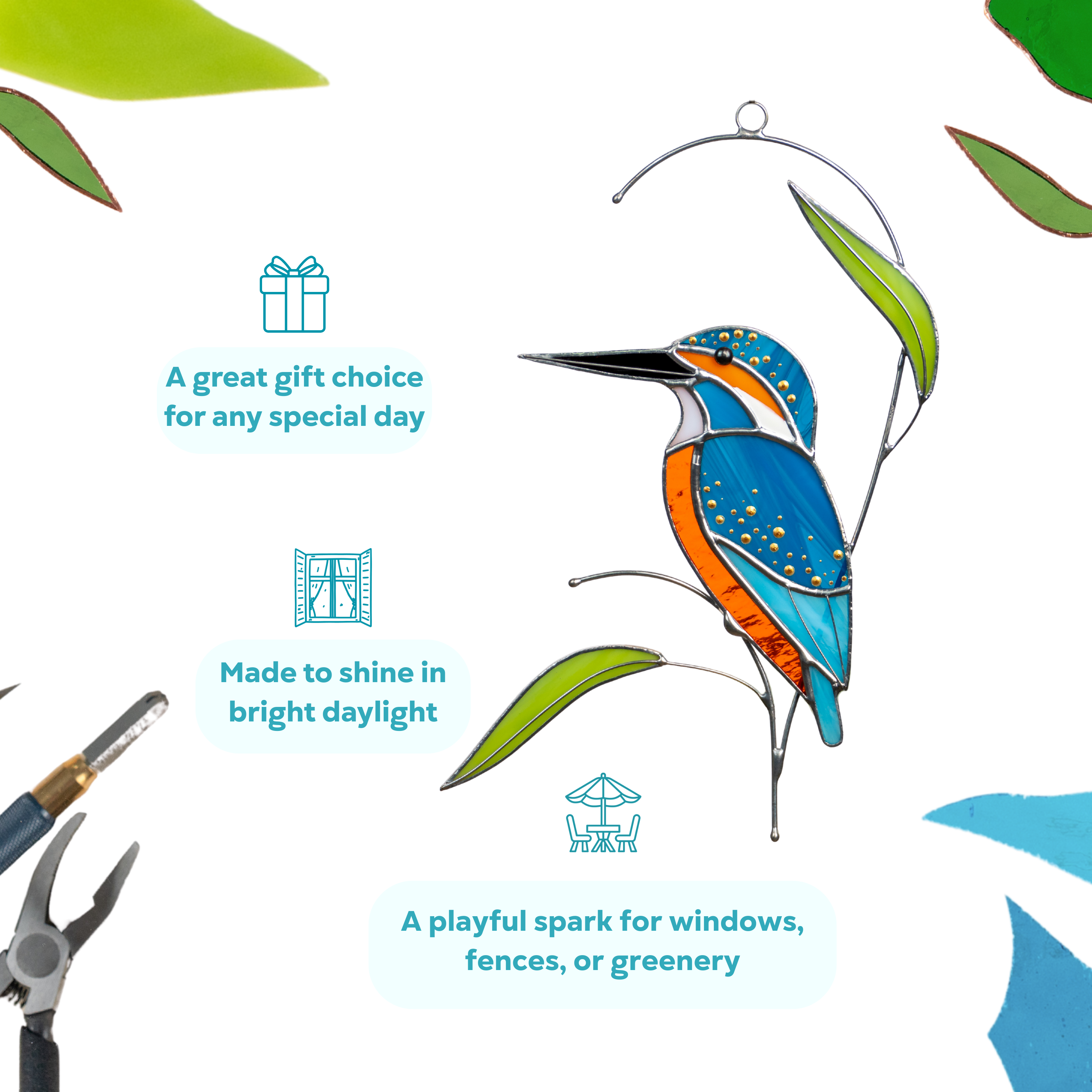 Infographic image of a kingfisher stained glass decor showing it as a perfect gift