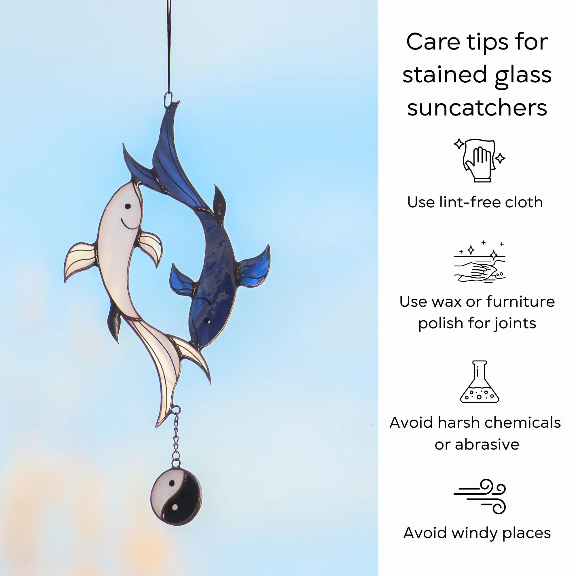 Maintenance and care instructions for a koi fish stained glass suncatcher to keep it clean and bright: use lint-free cloth, polish joints with car wax or furniture polish, avoid harsh chemicals, and windy places.