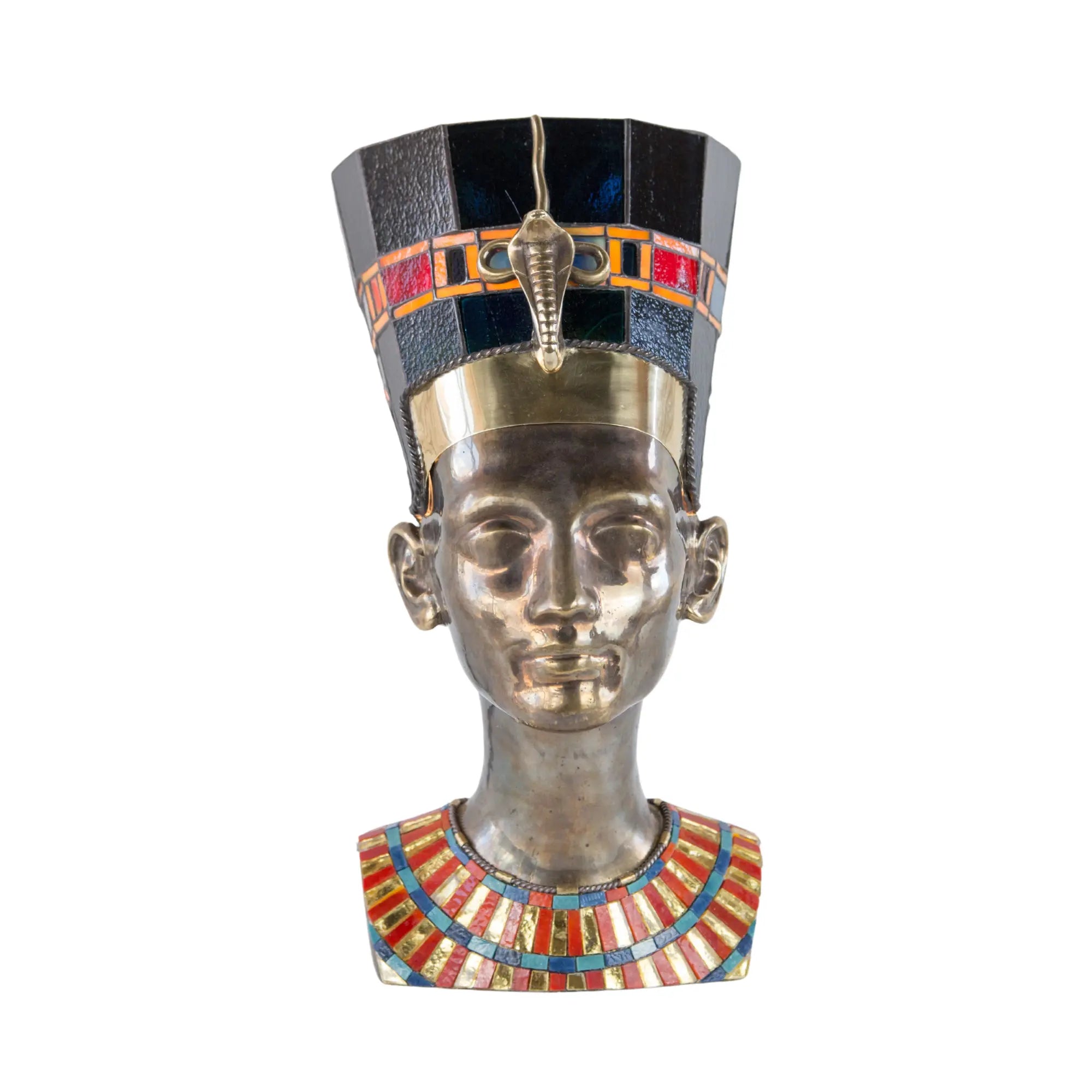 Lamp featuring stained glass Queen Nefertiti portrait in amber, white and blue with decorative bronze-tone base