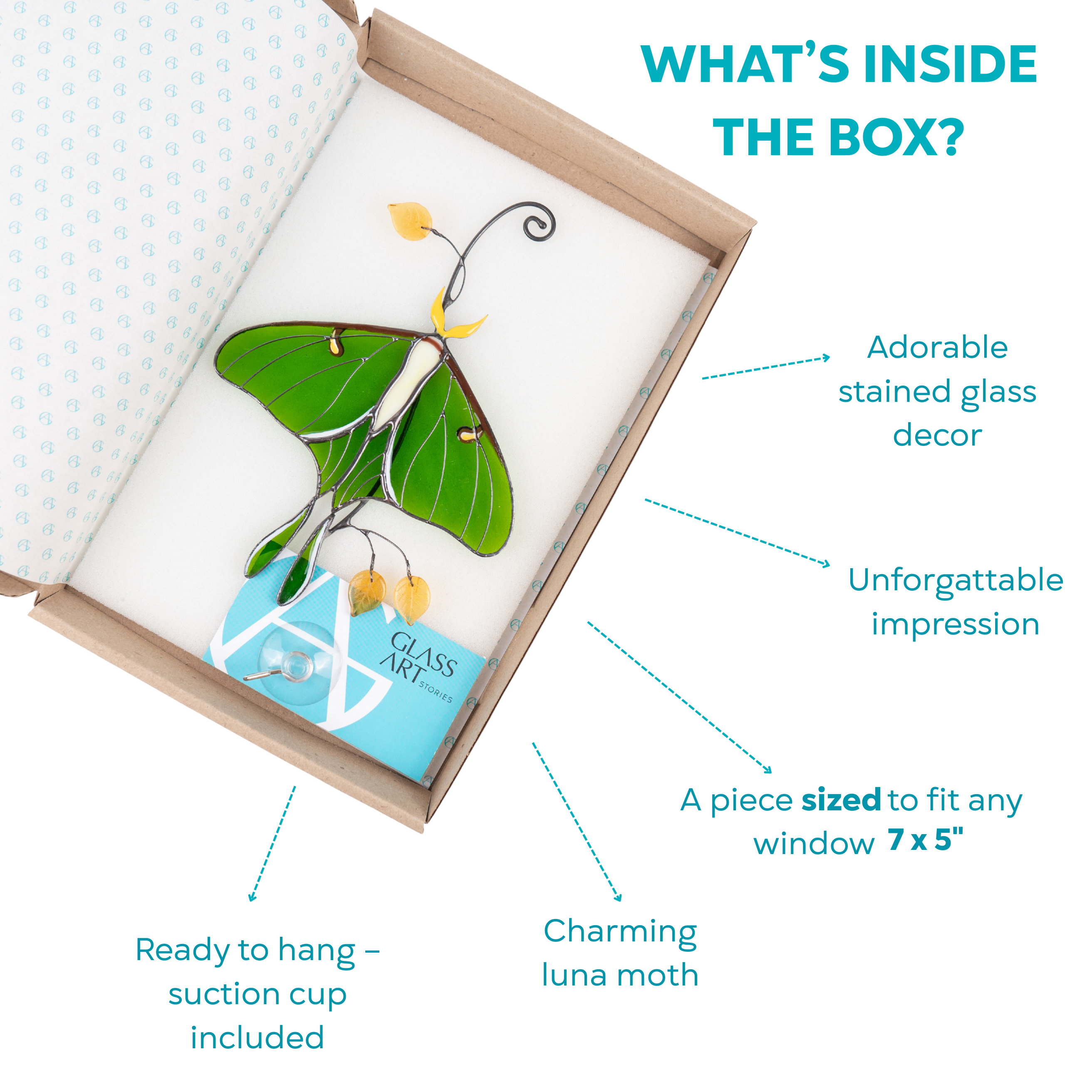 Luna moth suncatcher in a gift box with a suction cup and product card.