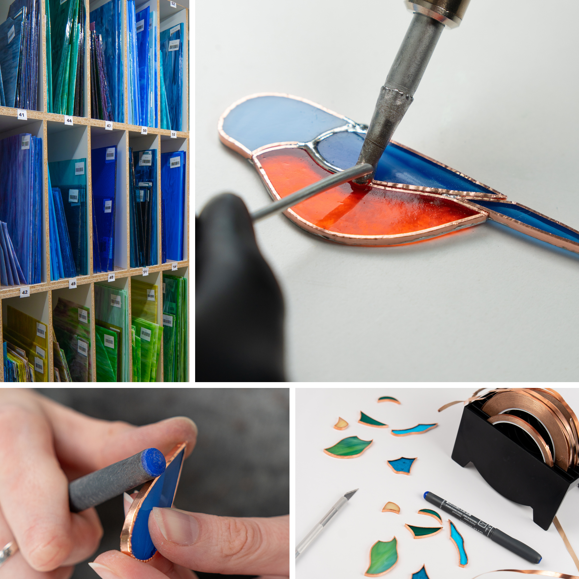 Collage shows the stained glass process: sheets of colorful glass, cutting and grinding pieces, wrapping with copper foil, and soldering a bird-shaped suncatcher.
