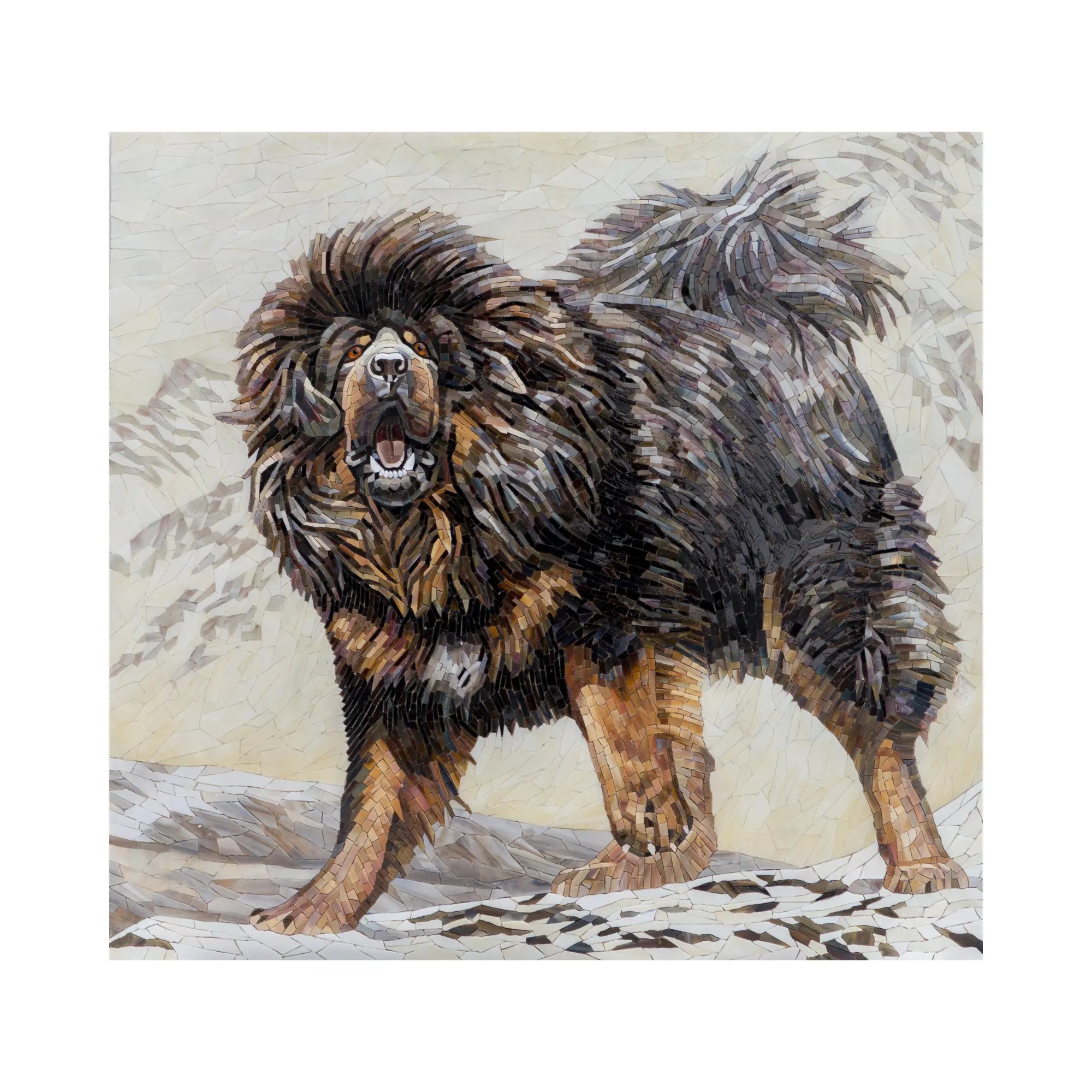 Stained glass mosaic of a standing fluffy mastiff in bright beige and brown hues