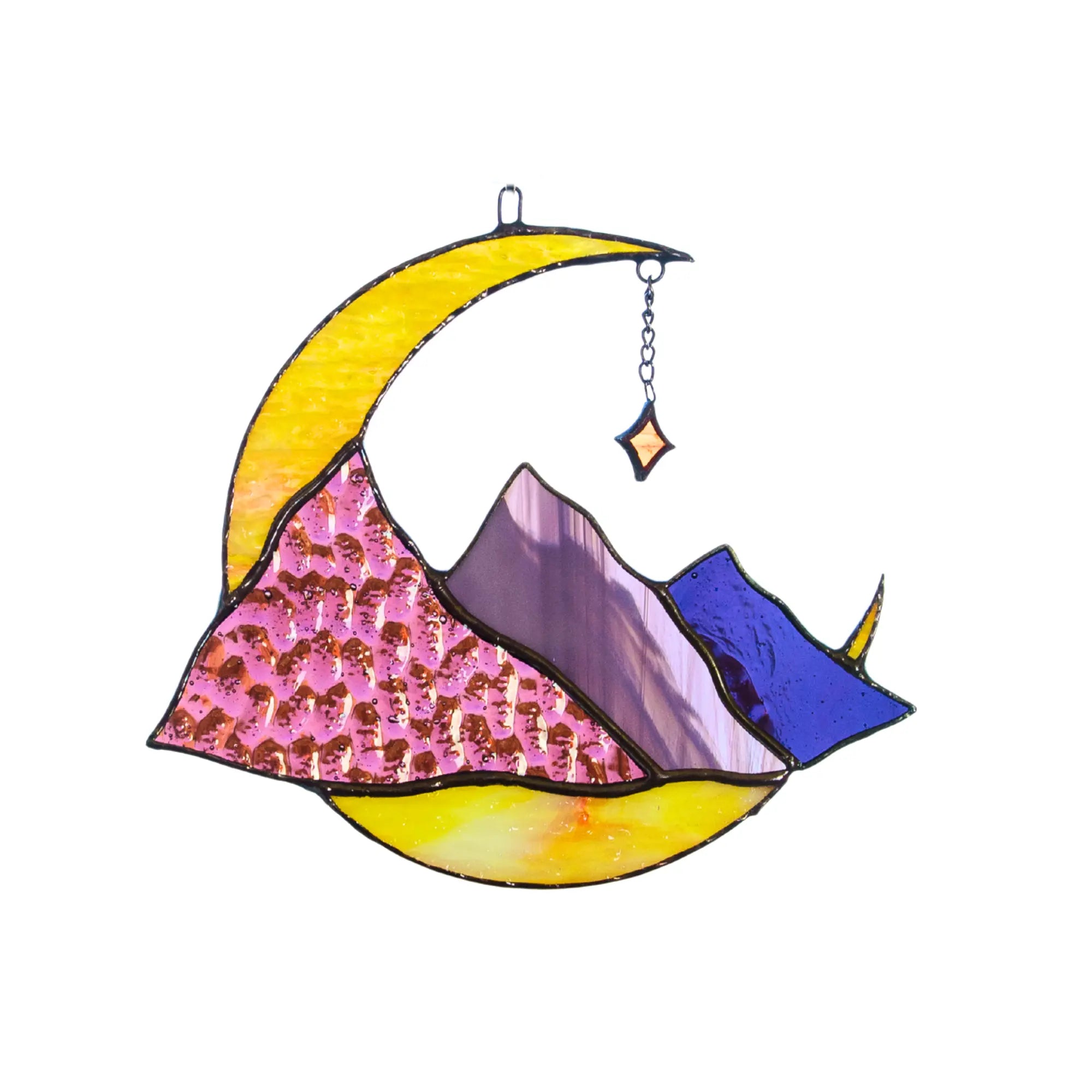 Stained glass crescent moon and mountain suncatcher on a white background
