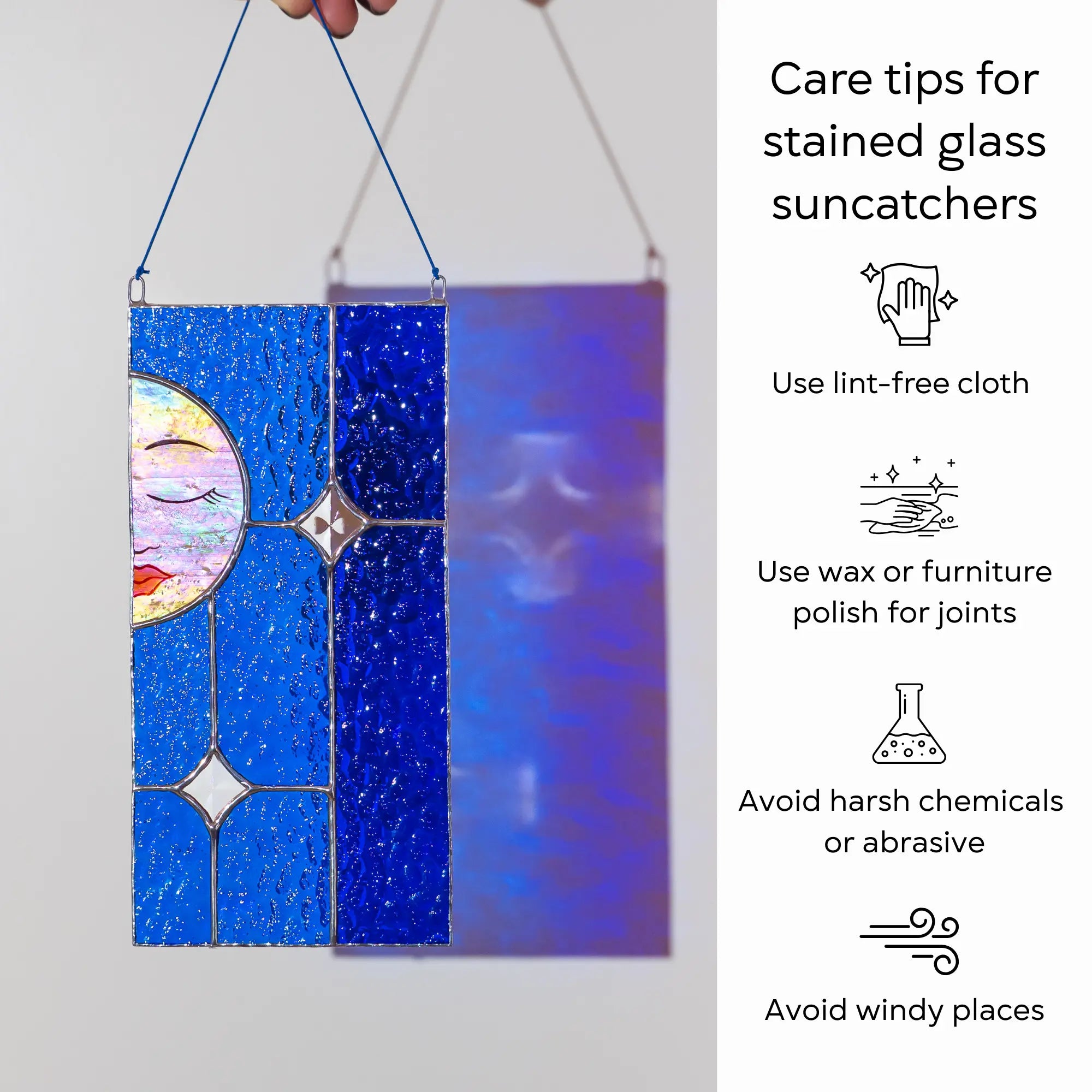 Stained glass suncatcher with care tips on a white background: use lint-free cloth, polish joints with car wax or furniture polish, avoid harsh chemicals, and windy places.