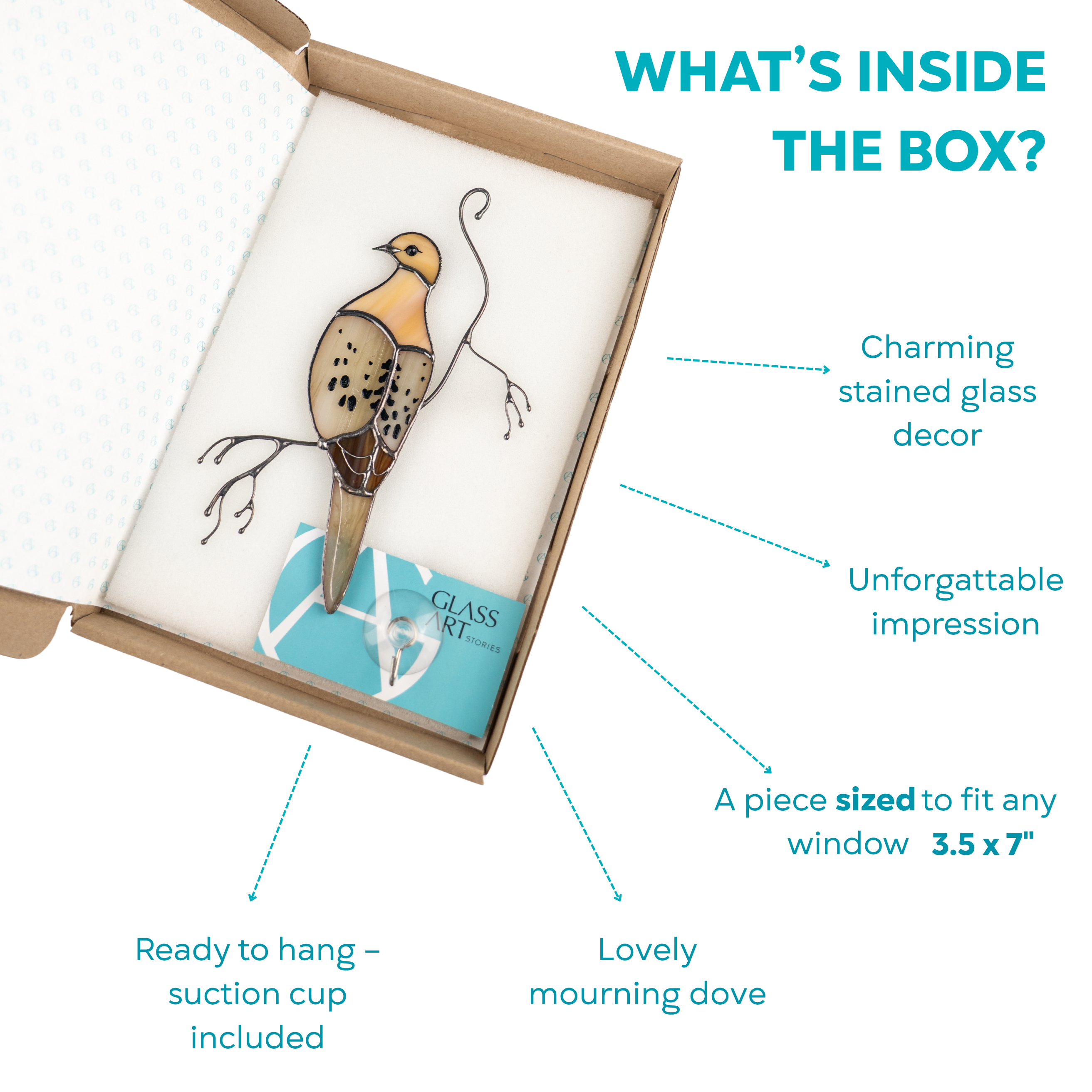 Beige stained glass mourning dove suncatcher packed inside a gift box with branded card and suction cup.