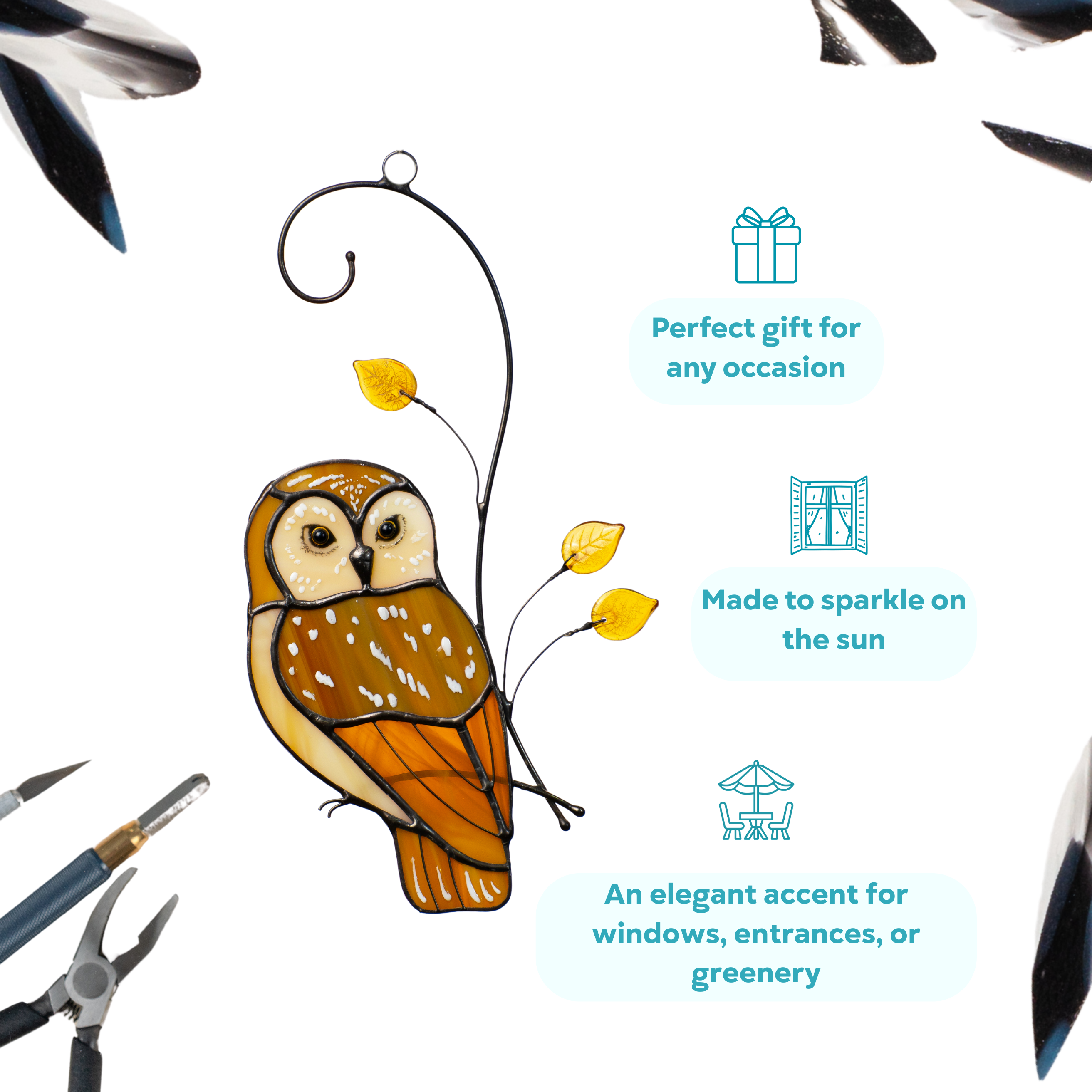 Hanging stained glass owl with yellow glass leaves and text about stained glass suncatcher being perfect gift, it sparkles on the sun and ideal as decor.