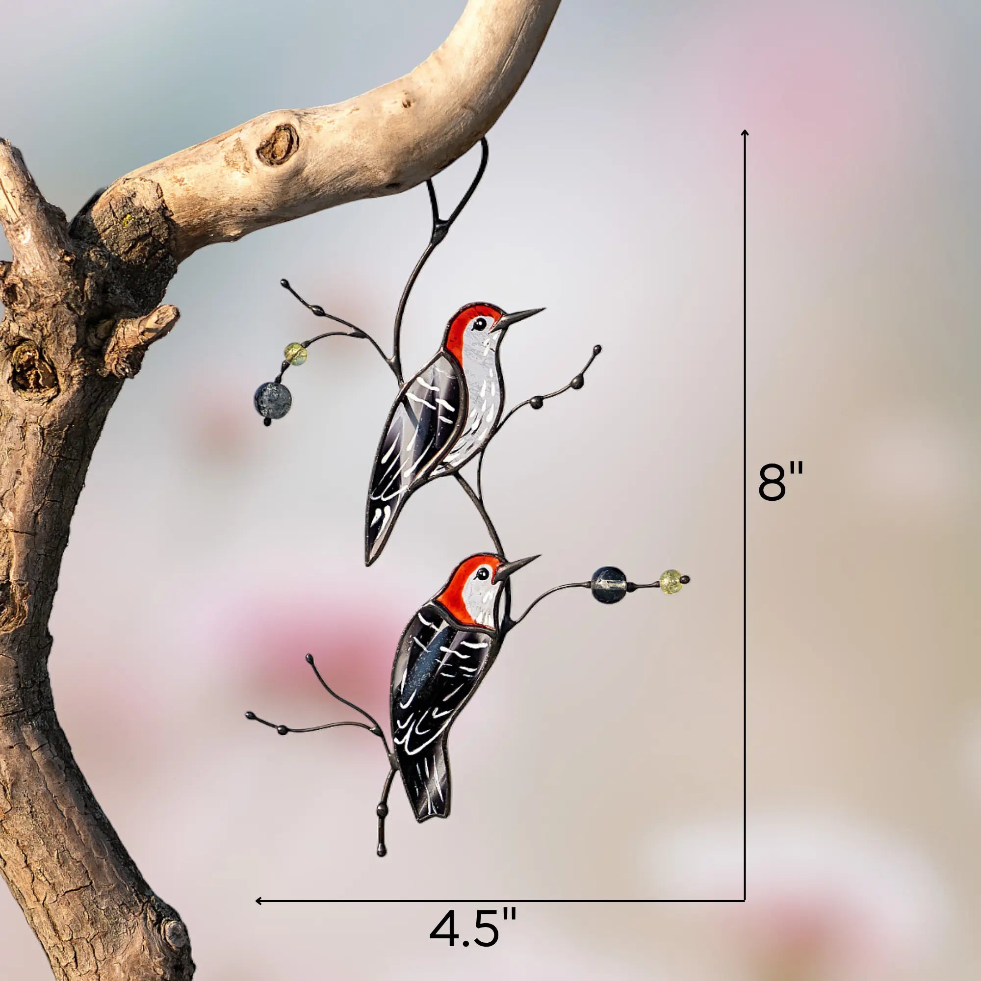 Pair of woodpeckers Stained glass suncatcher with marked dimensions: 8 x 4.5 inches