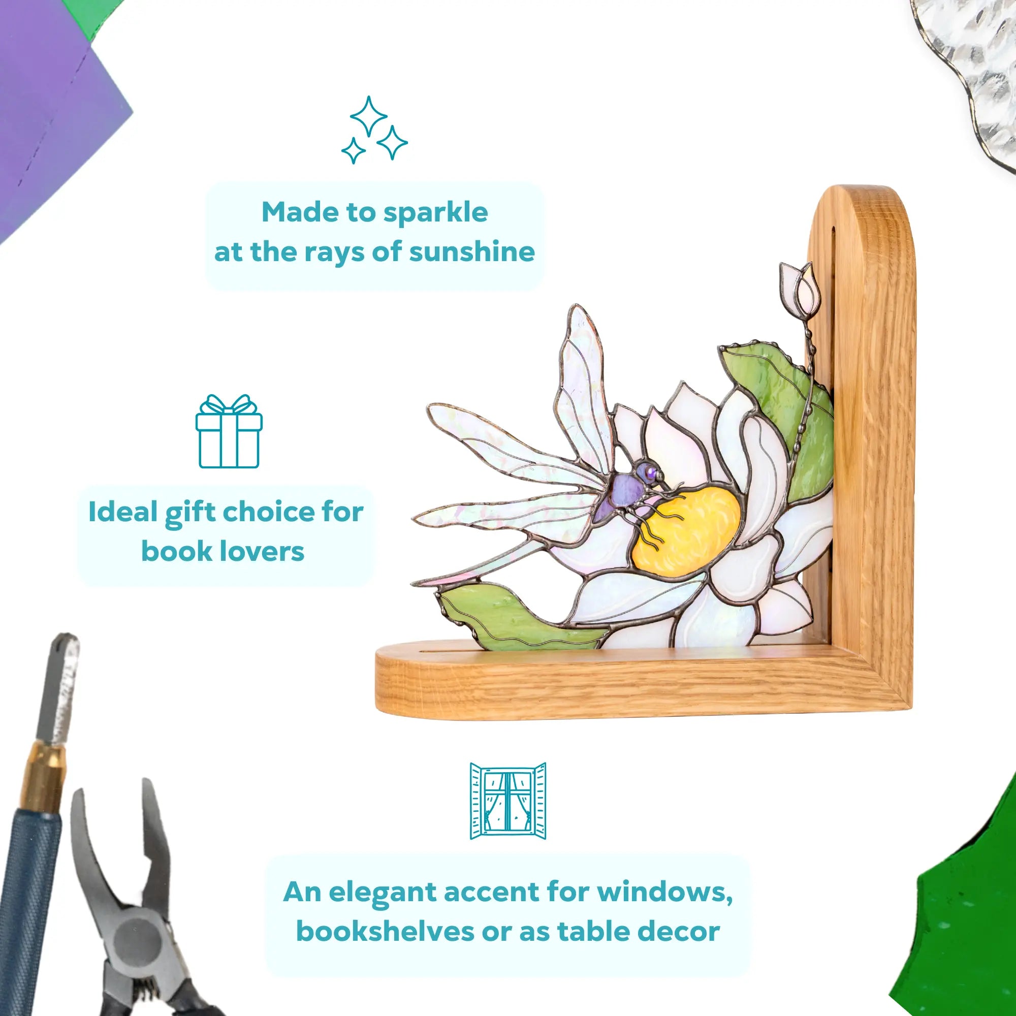 Stained glass bookend featuring dragonfly with white flower on a wooden base as an ideal gift idea for book lovers