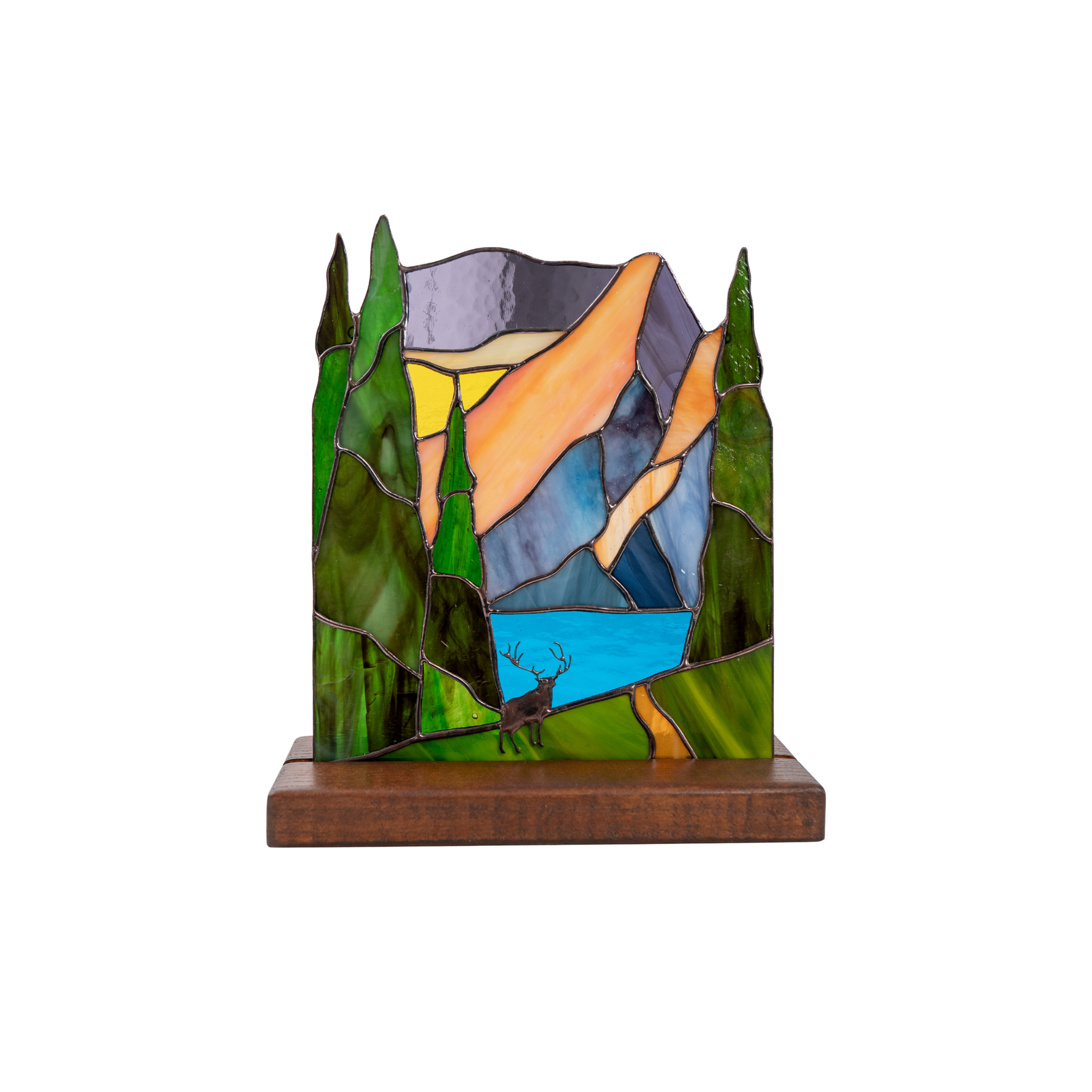 Stained glass panel on a wooden base with deer in the forest is a perfect gift for any nature lover