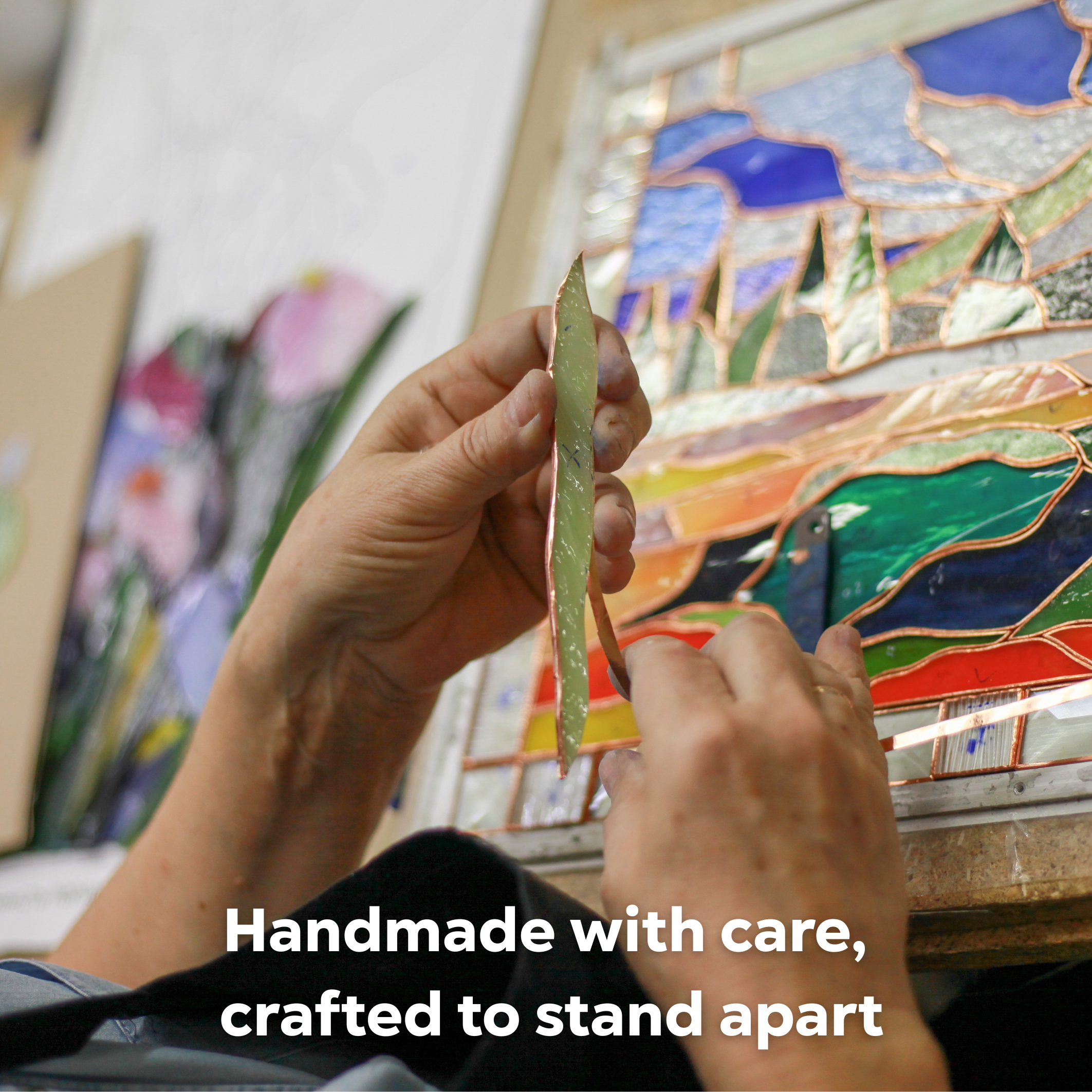 Stained glass process of handmade foiling details for panel