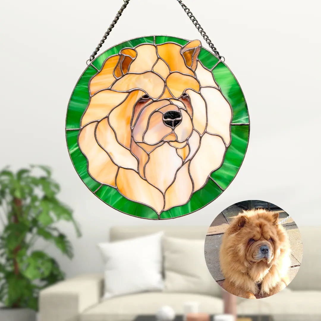Stained glass panel with a dog's face design, hanging in interior memorial gift idea