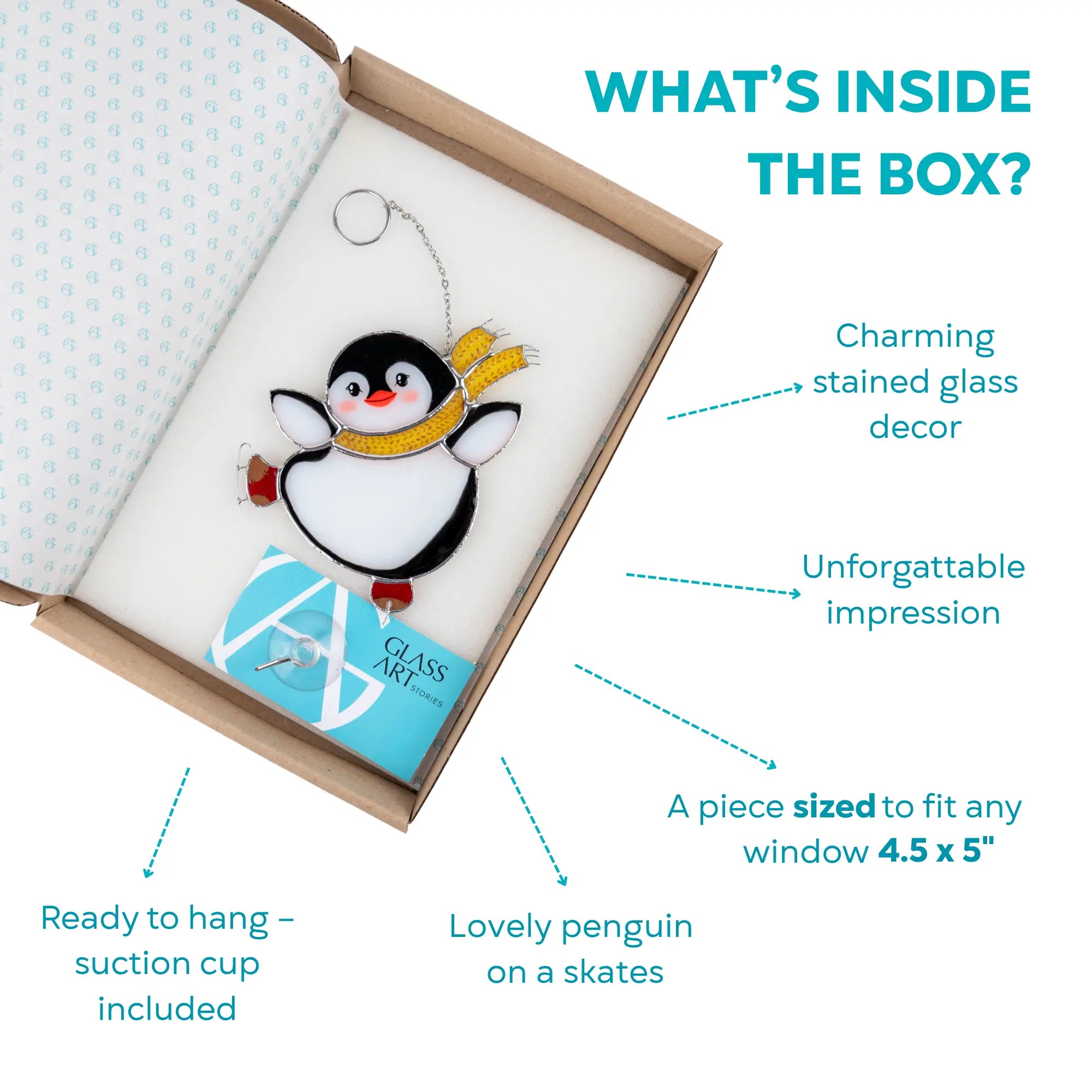 Stained glass penguin window hanging in a box with branded card and suction cup included