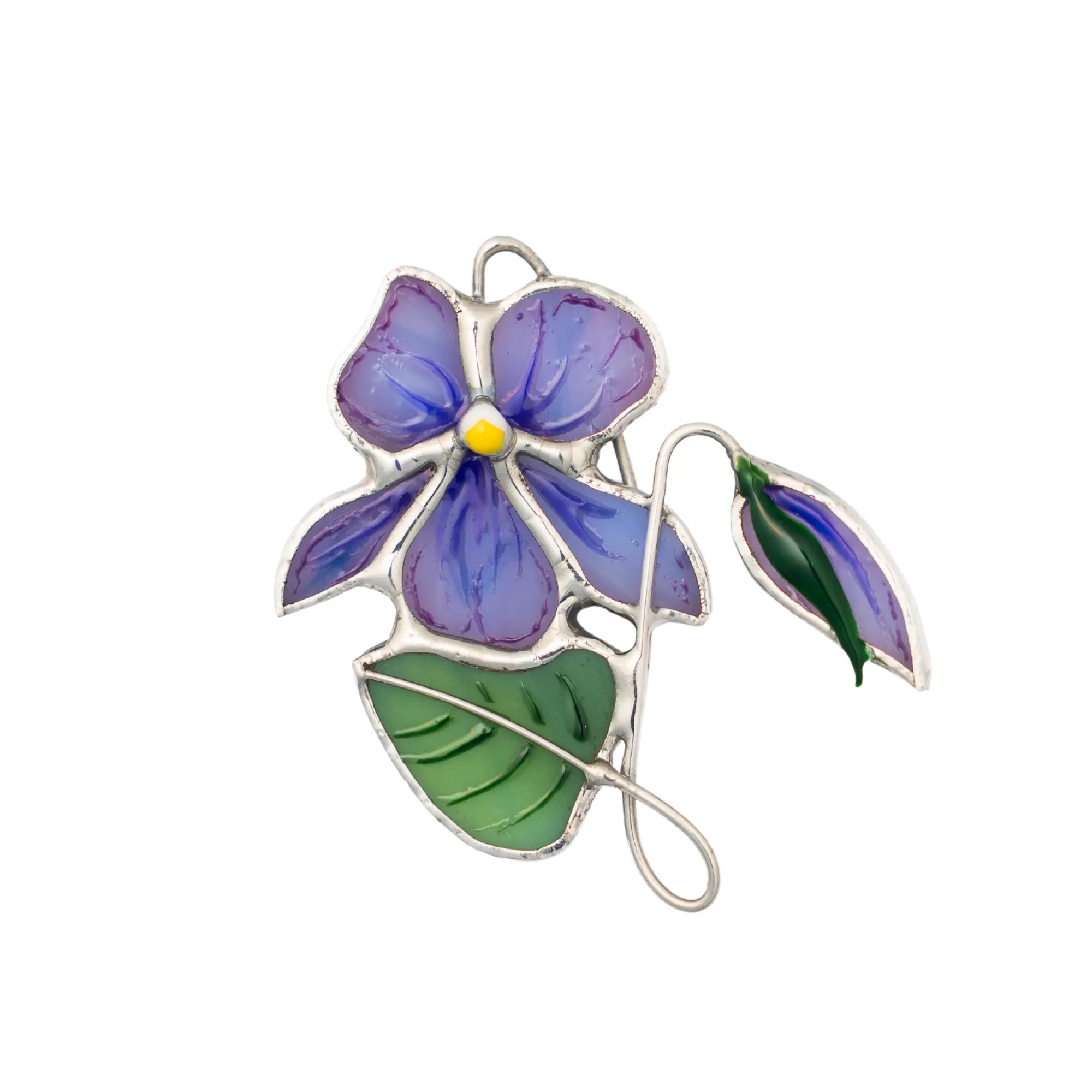 Stained glass violet flower with green leaves on a white background
