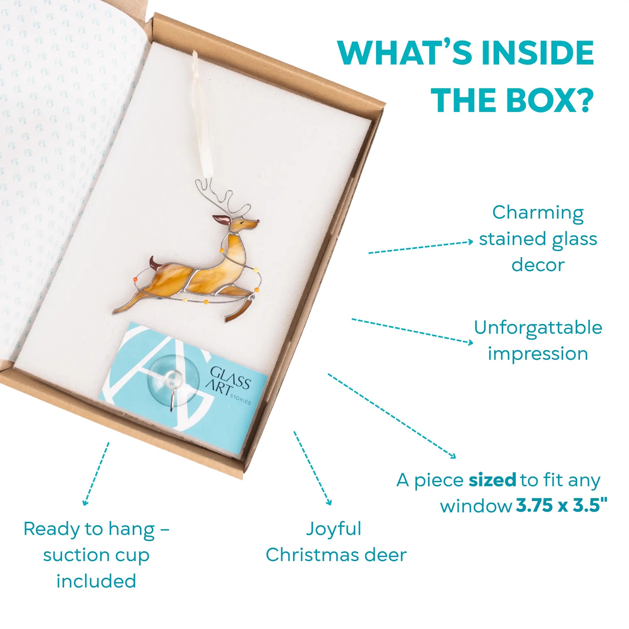 Stained glass reindeer with antlers, adorned with colorful lights, in a box with branded card and suction cup included