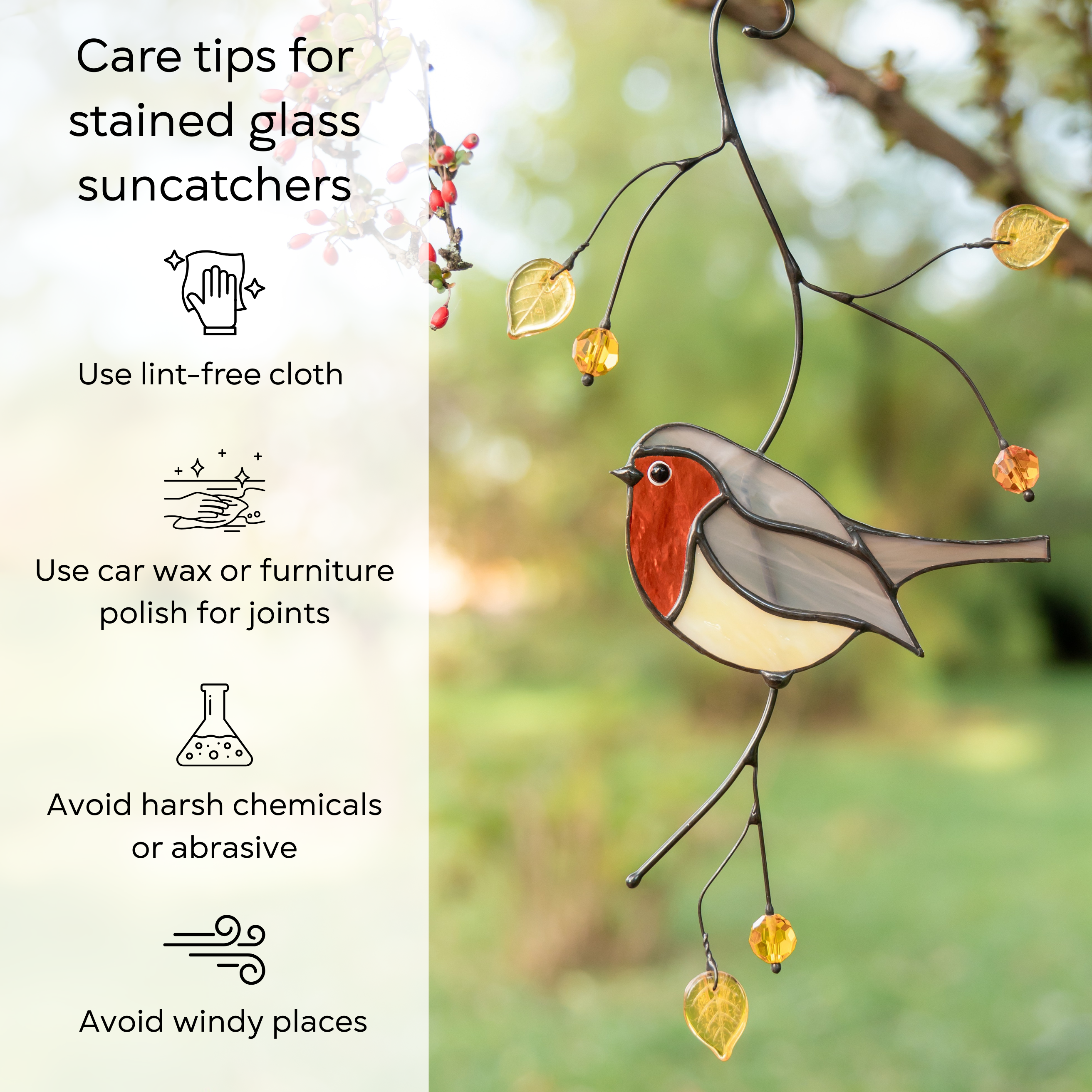 Robin bird suncatcher hanging outdoors with yellow leaves, beside illustrated care instructions: use lint-free cloth, use wax polish for joints, no harsh cleaners, avoid wind.