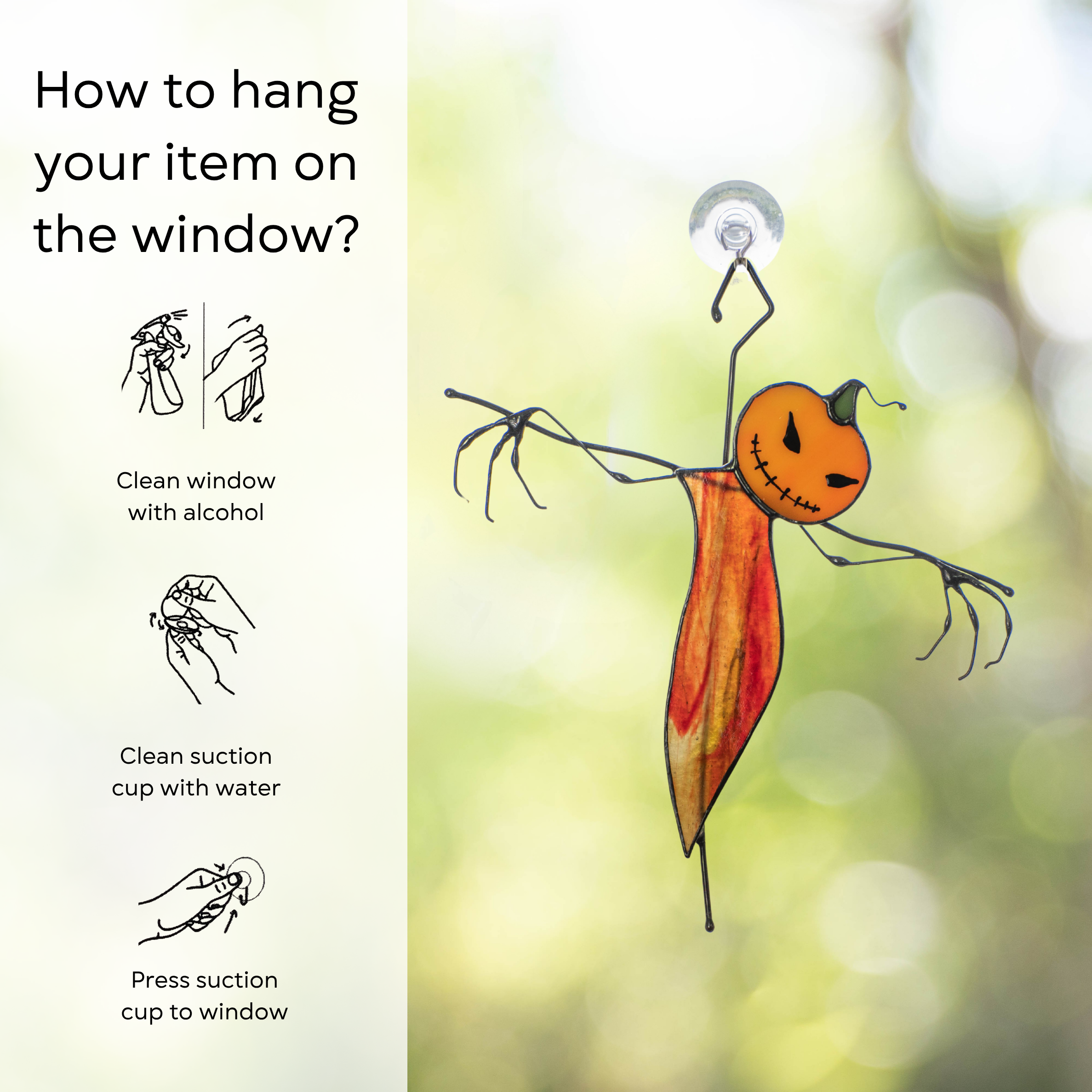 Stained glass Halloween scarecrow with orange head and multicolor red body with hanging instructions: clean window and suction cup, press a cup to the surface.