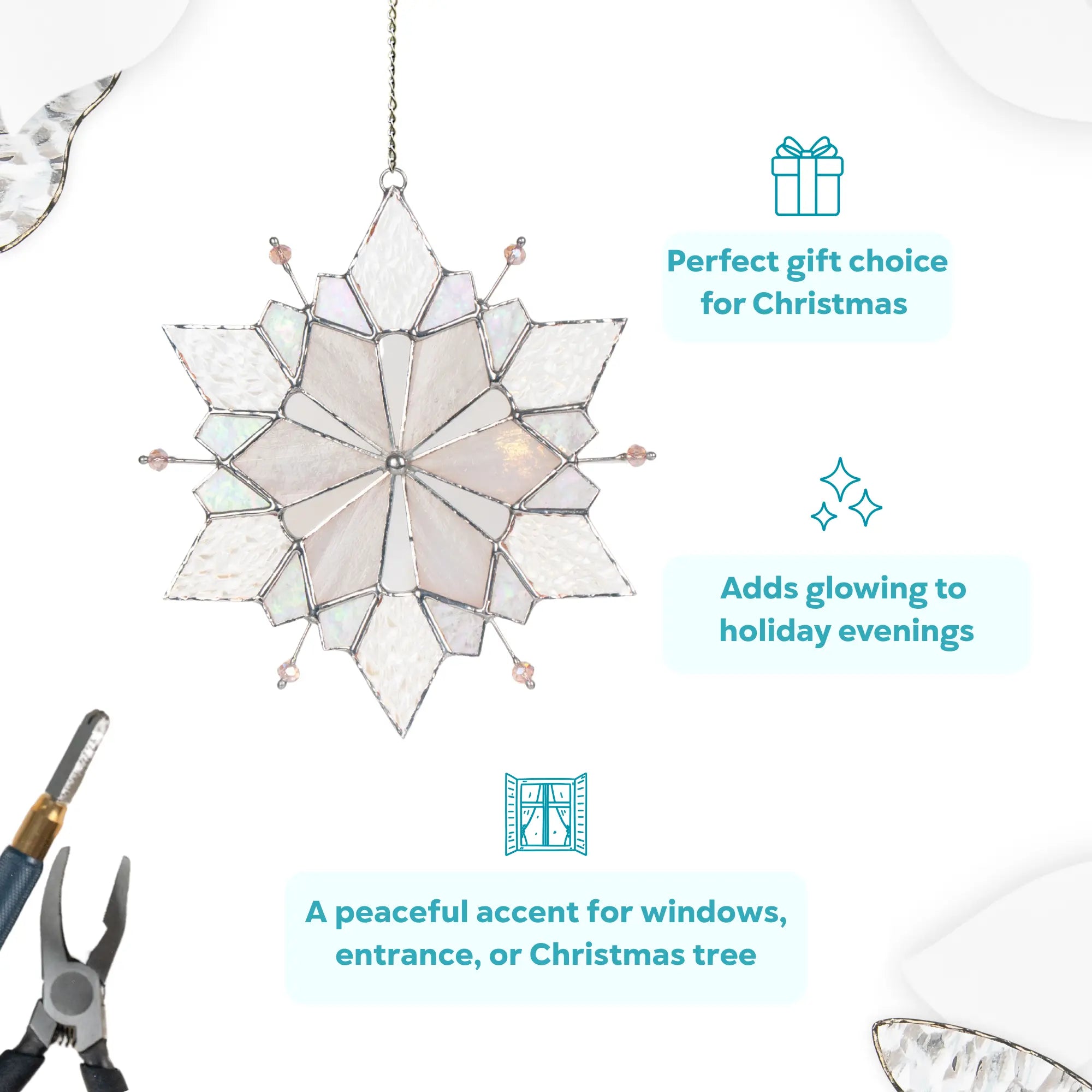 Stained glass snowflake window hanging ornament as a perfect gift choice for Christmas