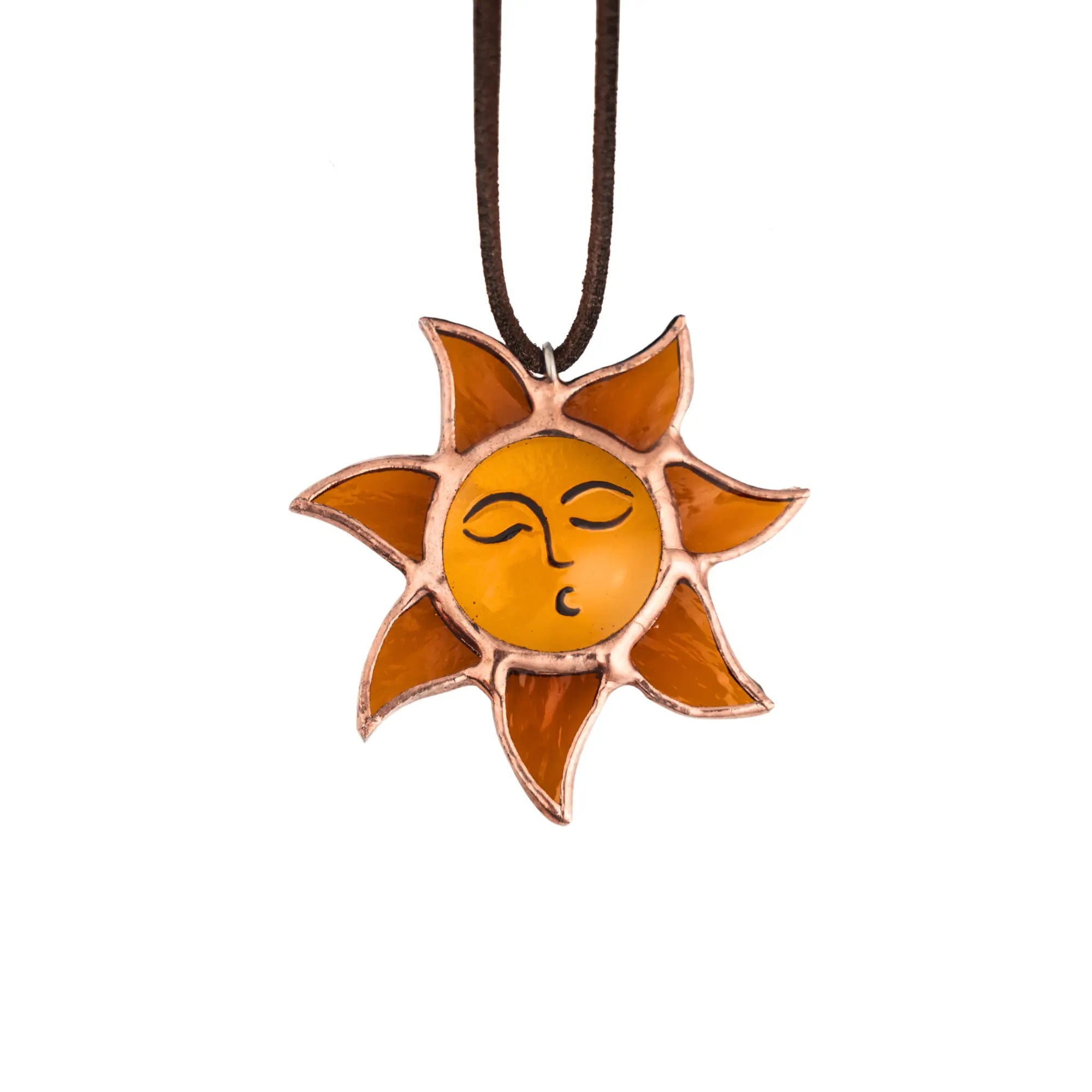 Stained glass pendant shaped like the sun: necklace on a white background