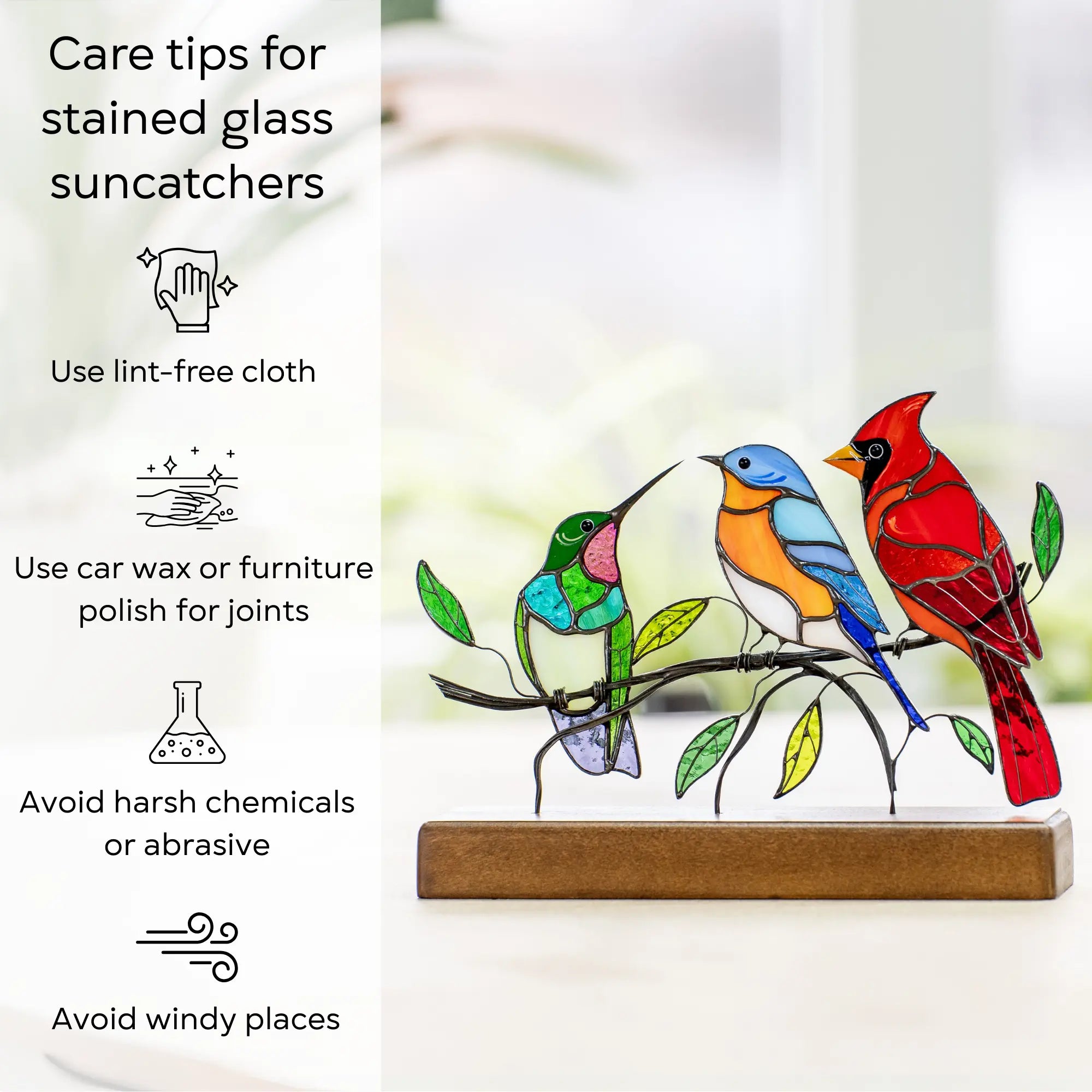 Infographic with care tips: use lint-free cloth, polish joints, avoid wind and harsh chemicals