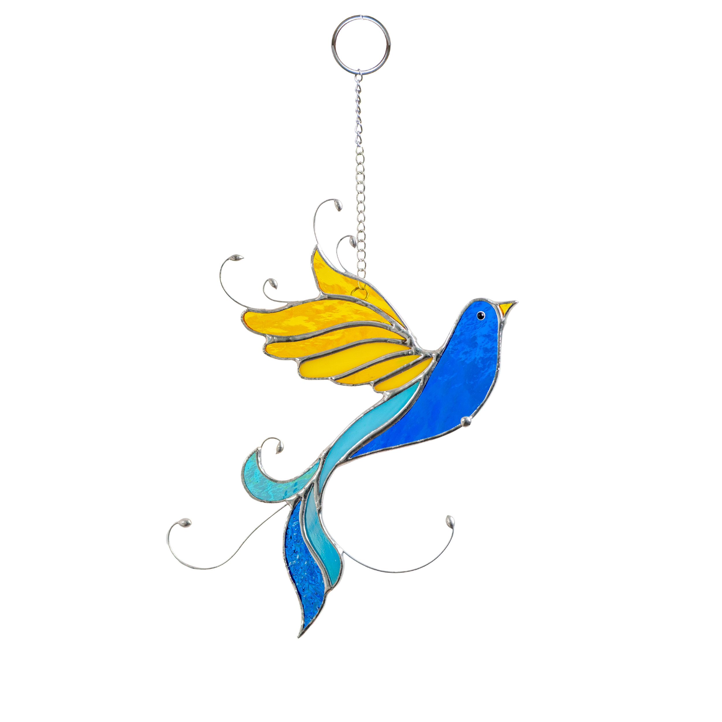 Stained glass bird with yellow wings and blue body on a metal chain, styled in Ukraine flag colors.
