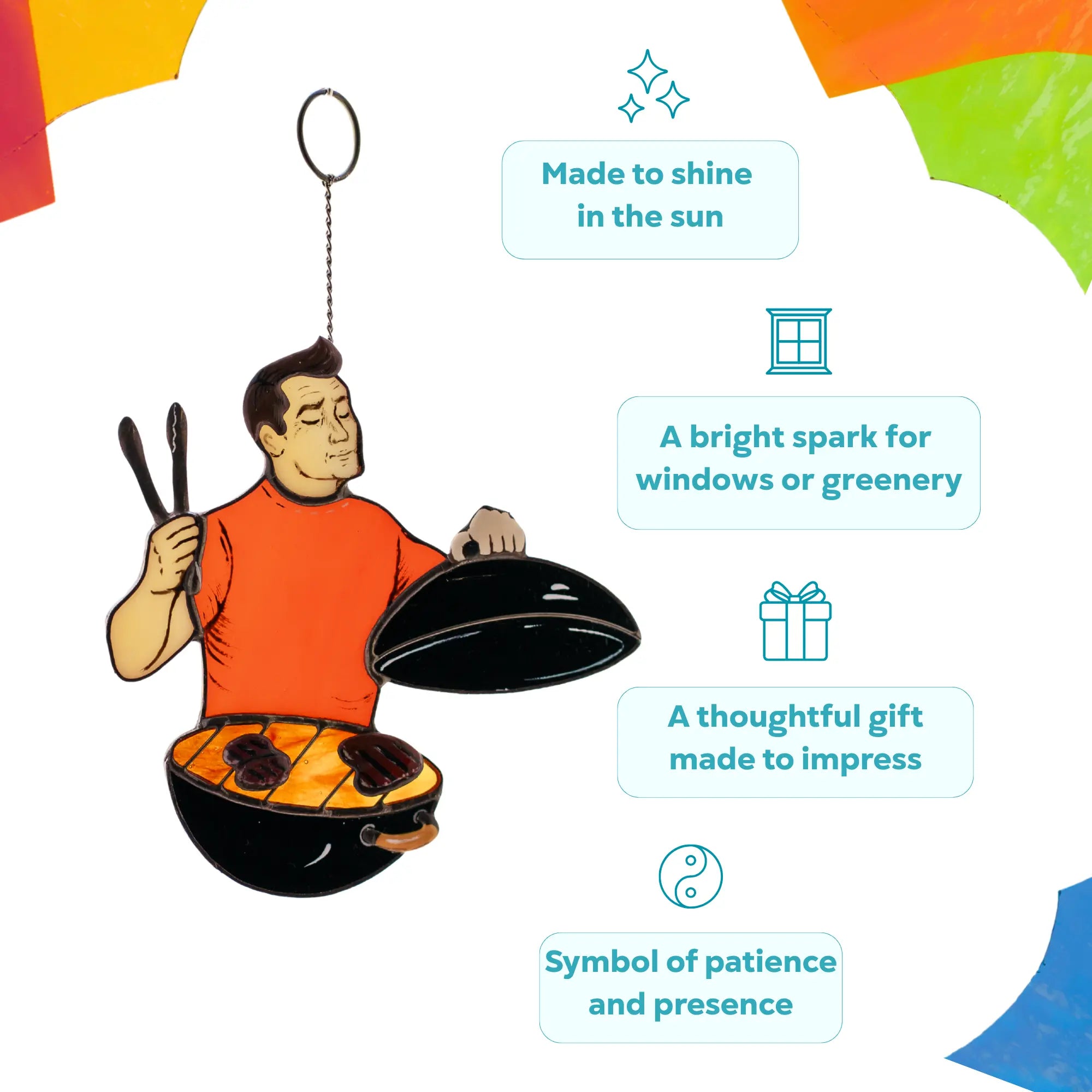 Stained glass suncatcher of a person grilling as a thoughtful gift on a colorful background