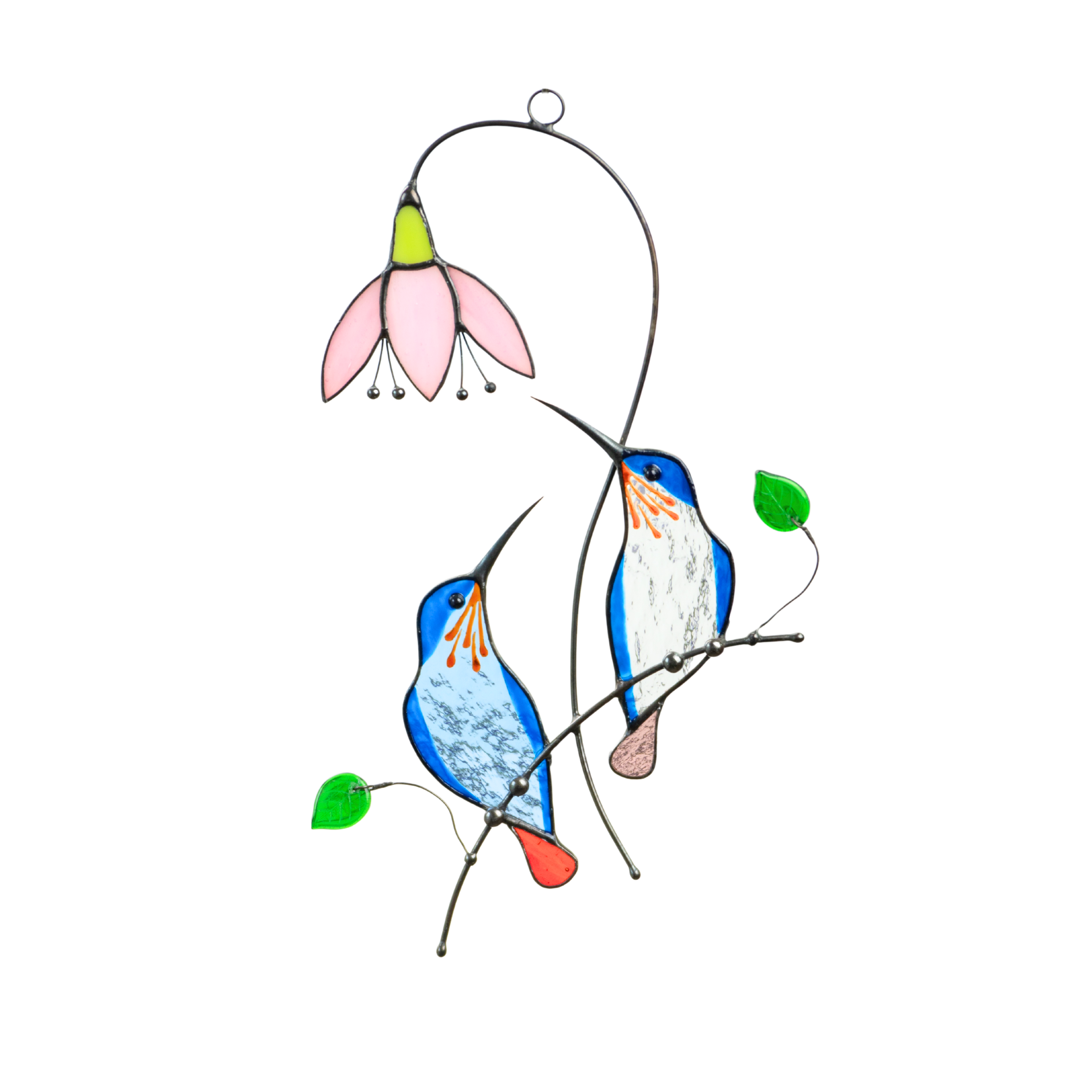 Two blue stained glass hummingbirds with orange tails and pink flower