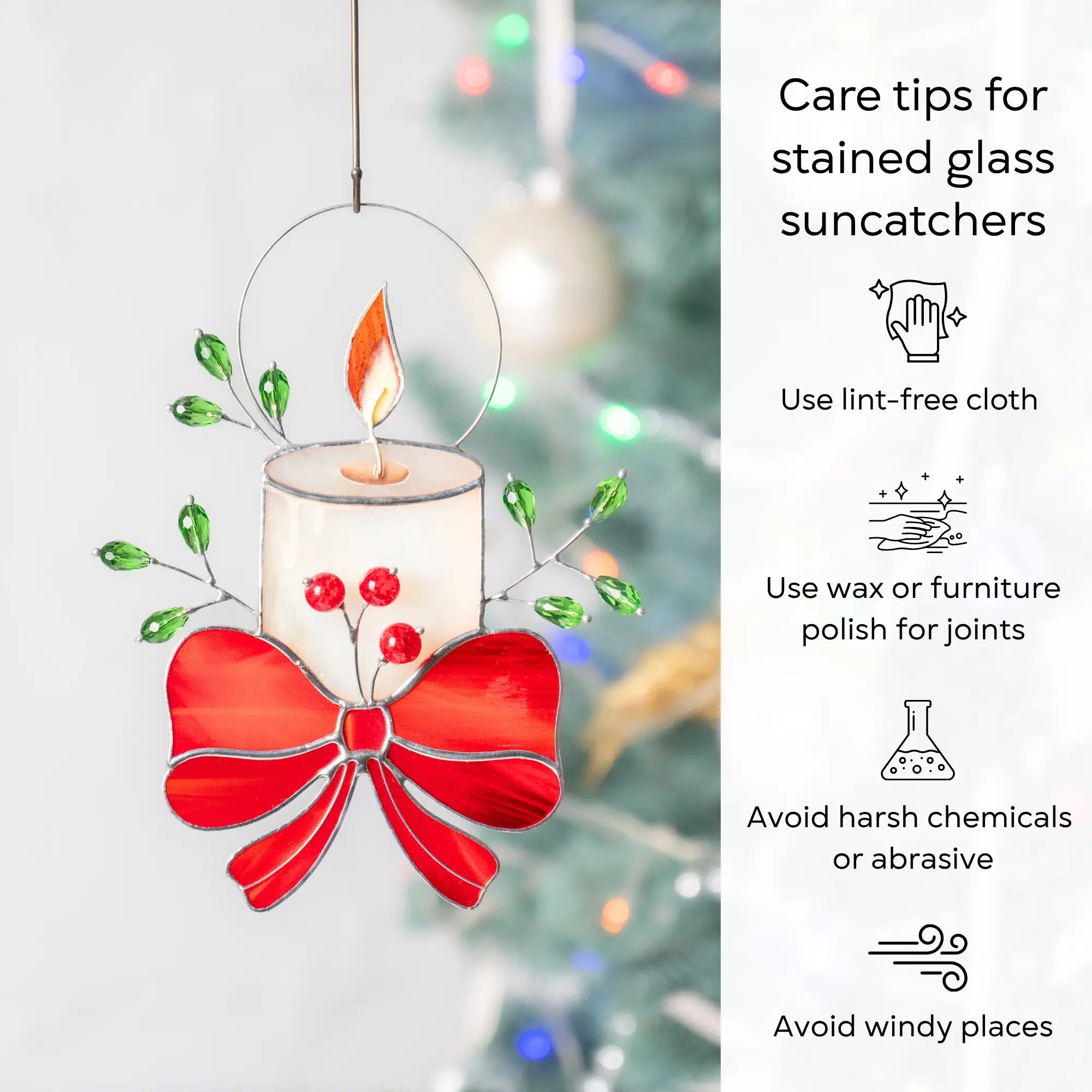 Stained glass suncatcher featuring candle with red bow, care tips on the right: use lint-free cloth, polish joints with car wax or furniture polish, avoid harsh chemicals, and windy places.