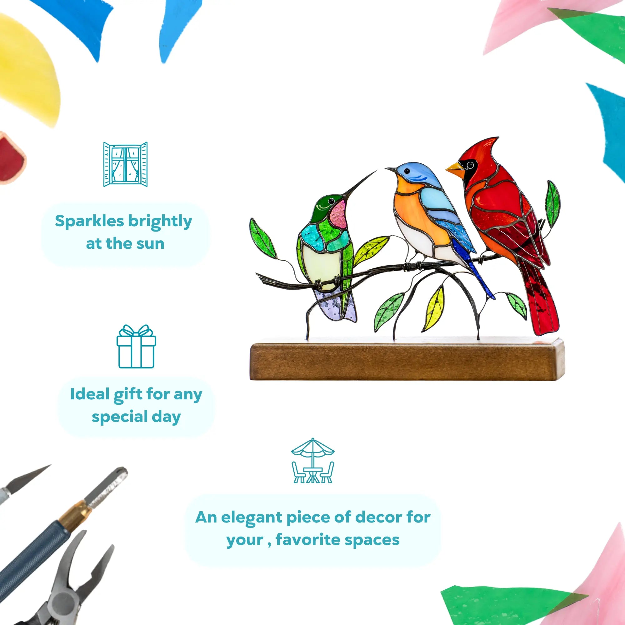 Panel with three stained glass birds on branch that sparkles in the sun, is a perfect gift idea and an elegant decor piece
