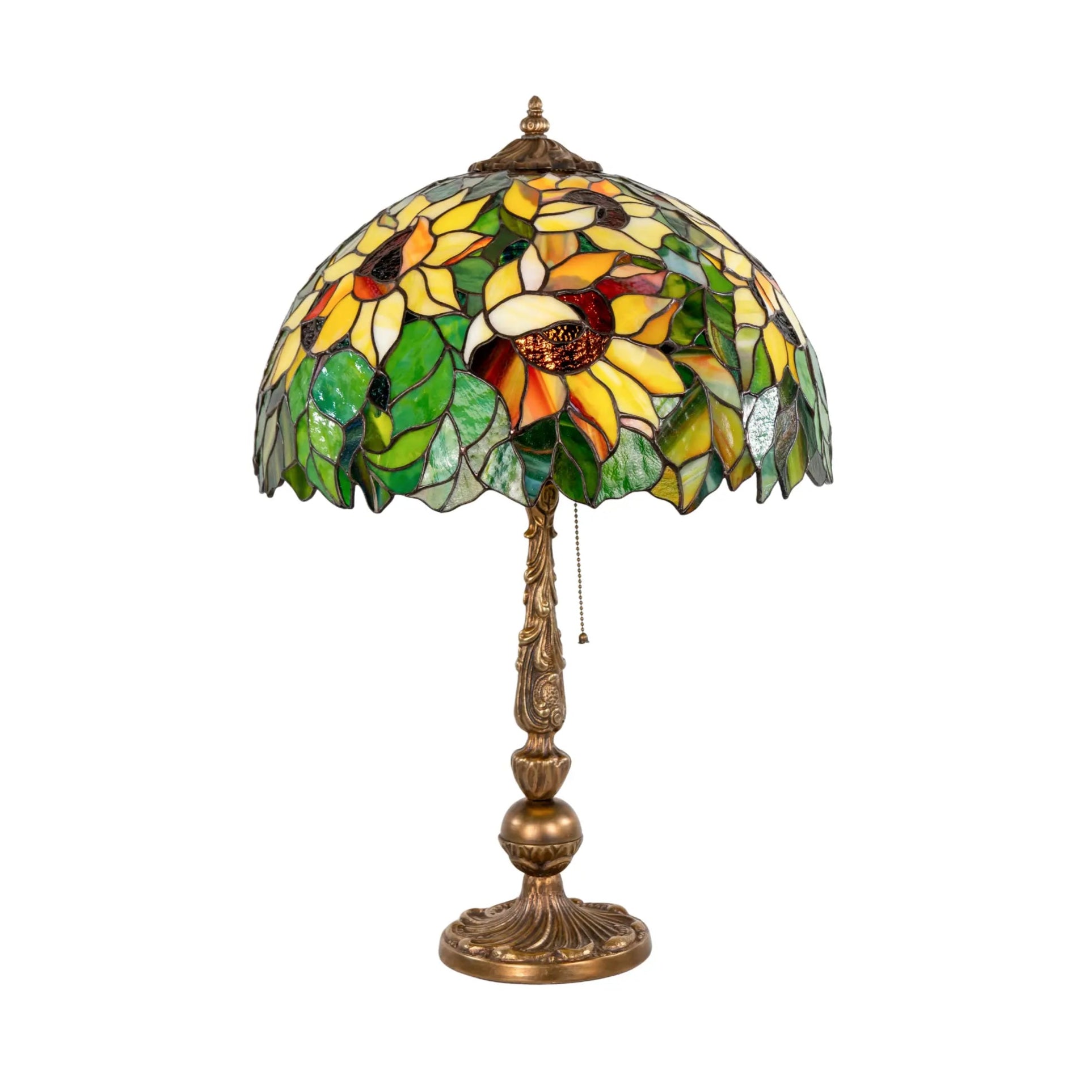 Stained glass table lamp with sunflowers and bronze stand on white background