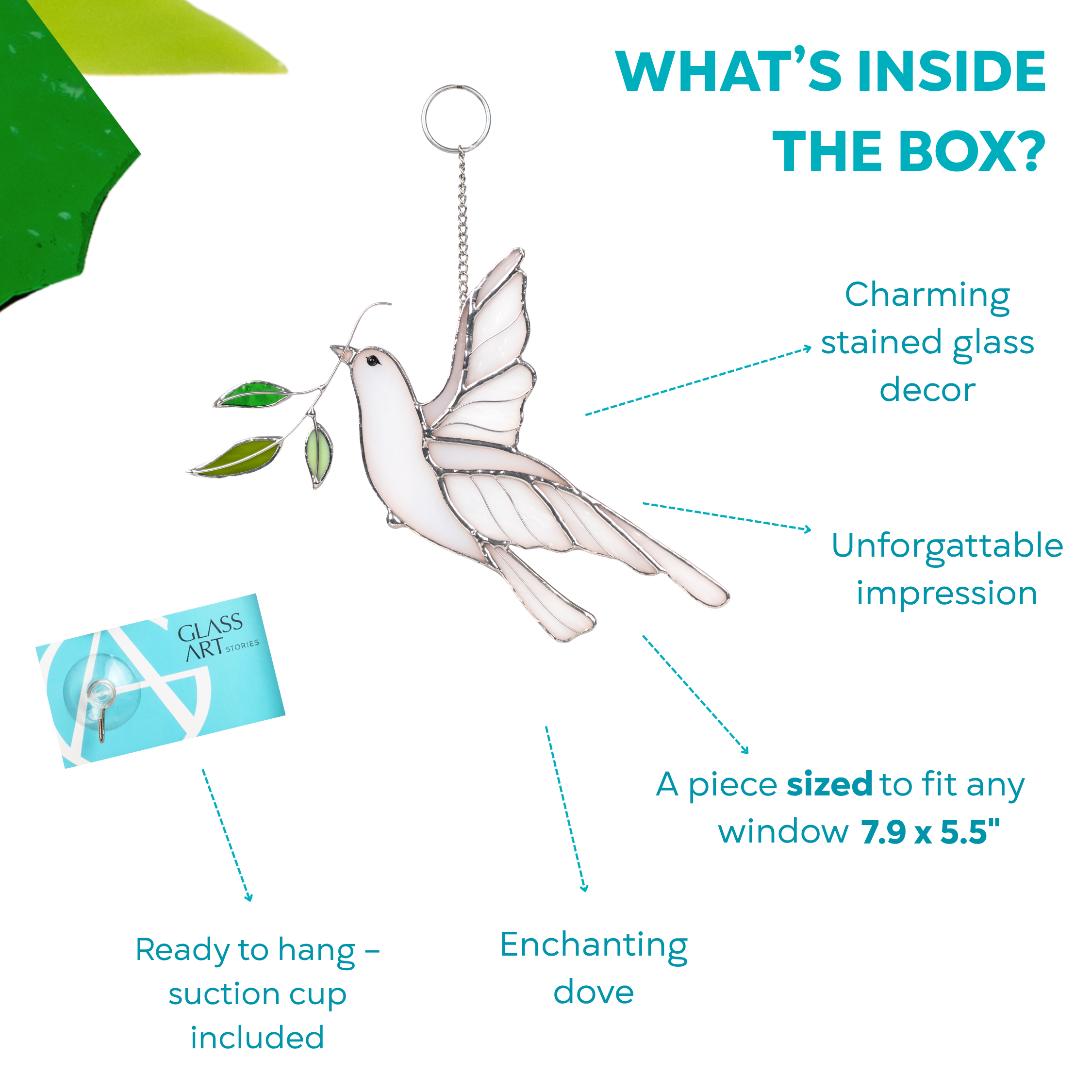 Boxed stained glass dove with suction cup and product details including size 7.9 x 5.5 inches.