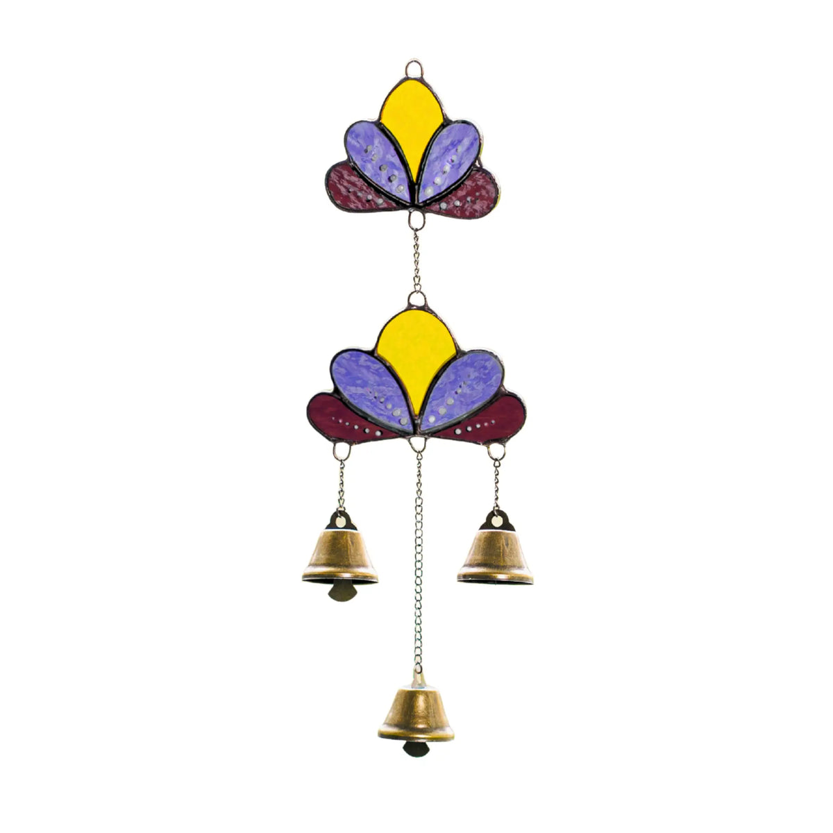 Stained glass wind chime with a yellow, purple, and maroon lotus design and three small brass bells, isolated on a white background.