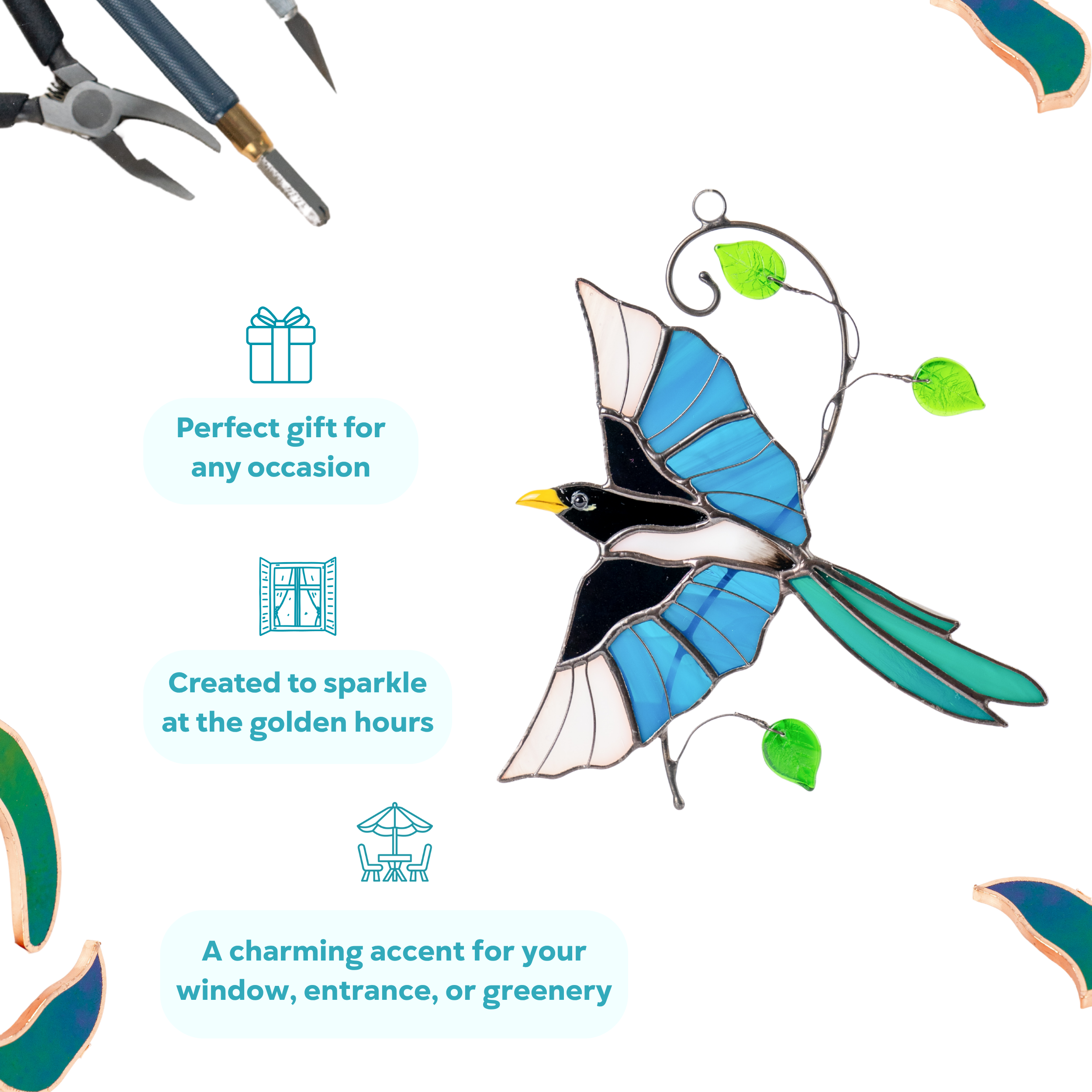 Yellow-billed magpie stained glass suncatcher with vivid blue wings and decorative green leaves is a perfect gift for any occasion.