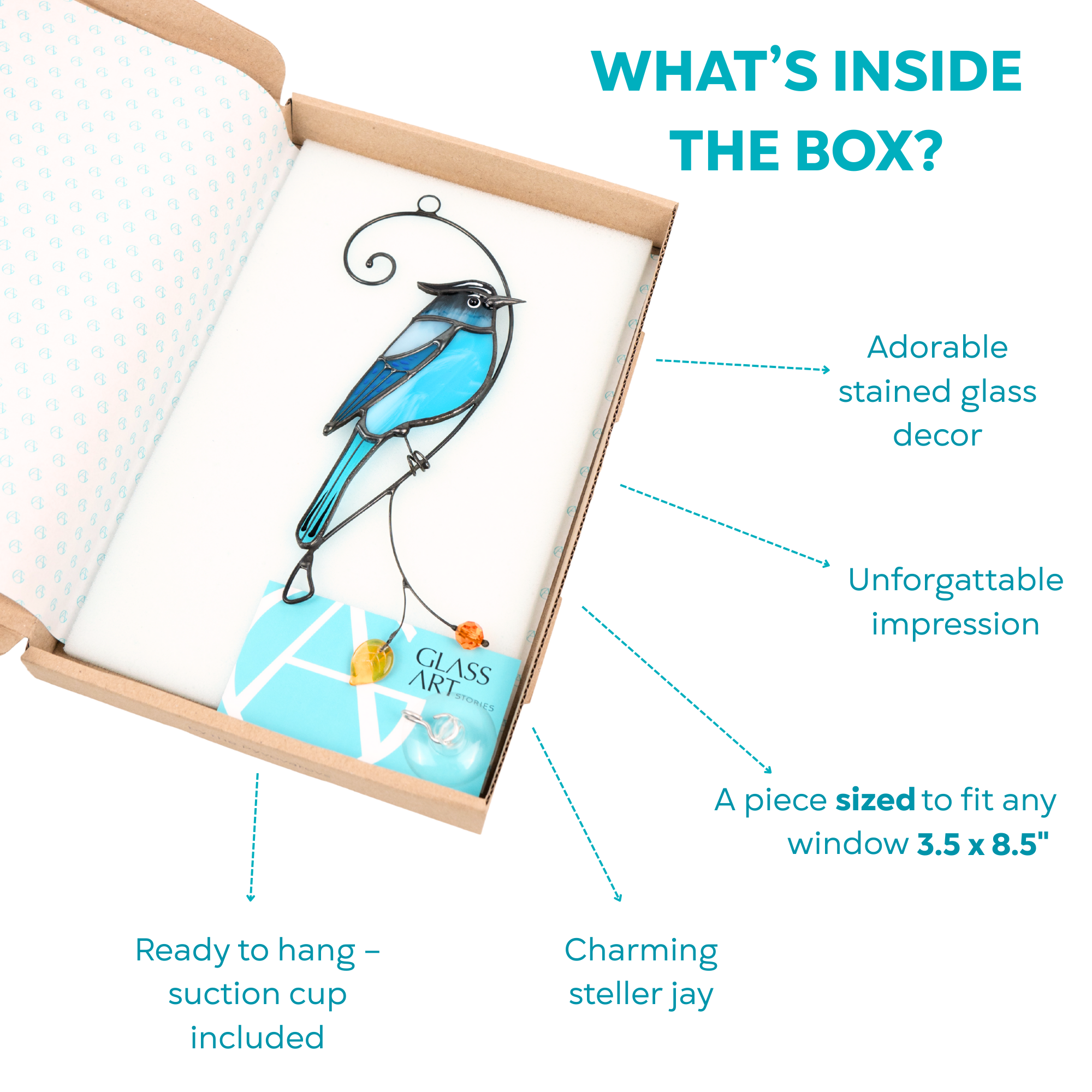 Open gift box with stained glass Steller’s jay, labeled: ready to hang, fits 3.5x8.5", unforgettable gift, suction cup included