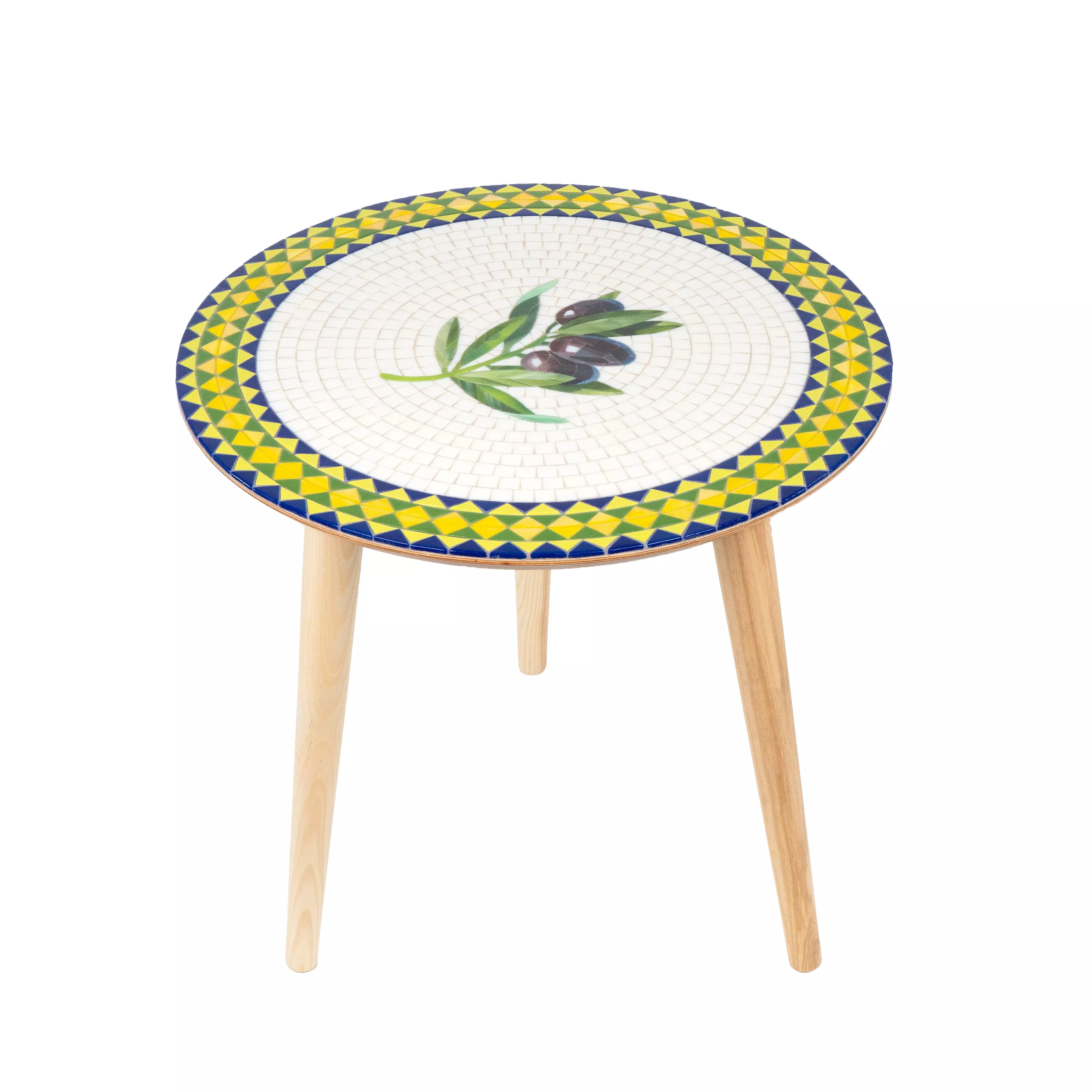 Round table with decorative top featuring a pattern and olive design on a white background