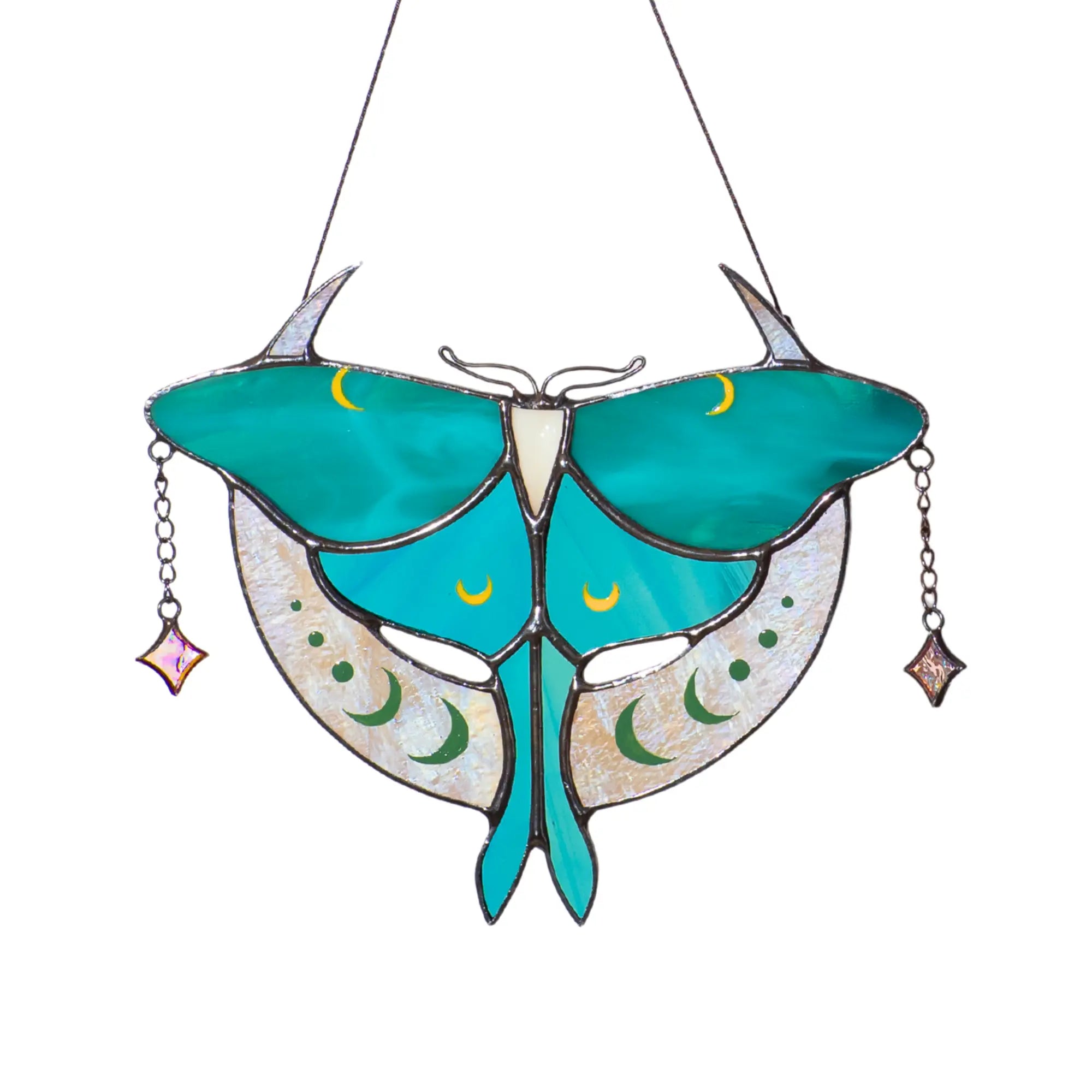 A handcrafted Luna Moth stained glass suncatcher with teal wings and iridescent moon phase accents.