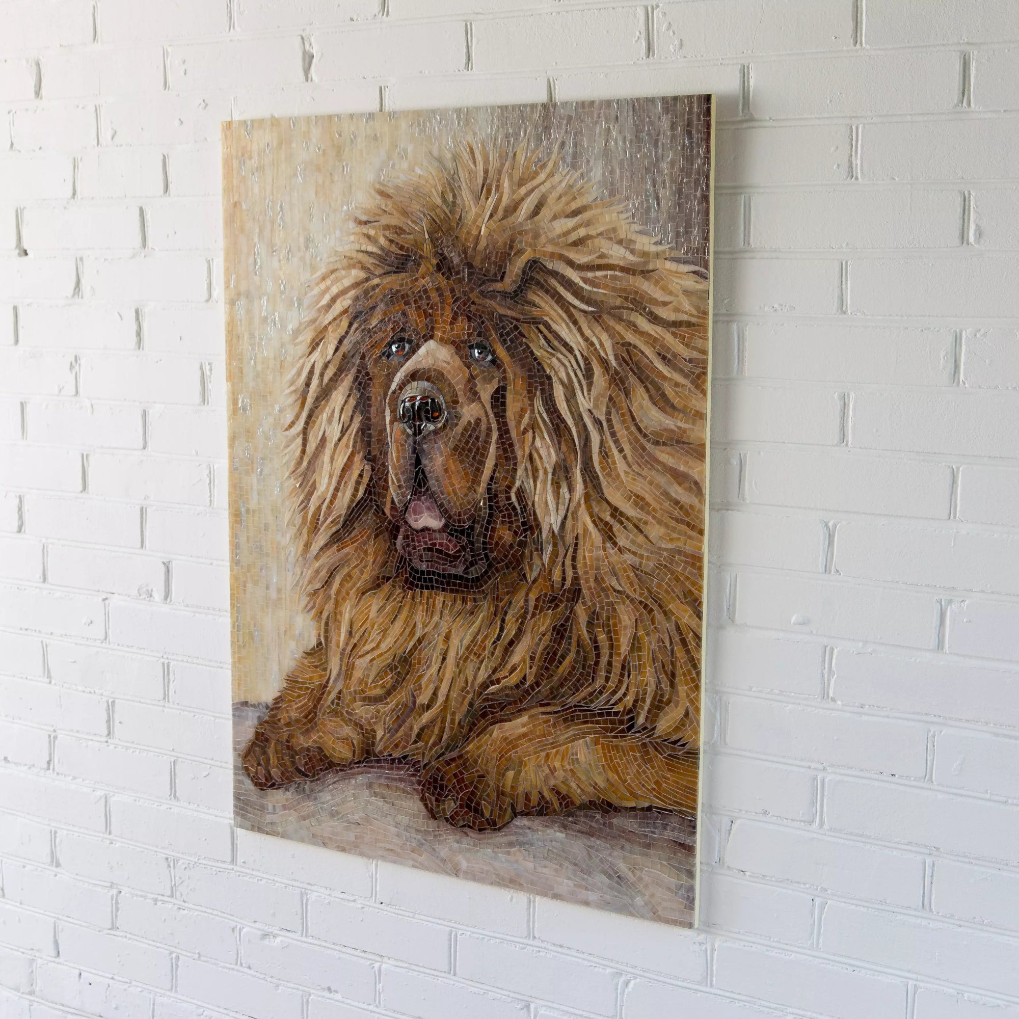 Side angle of a glass mosaic dog portrait showing the volume and texture of the fur