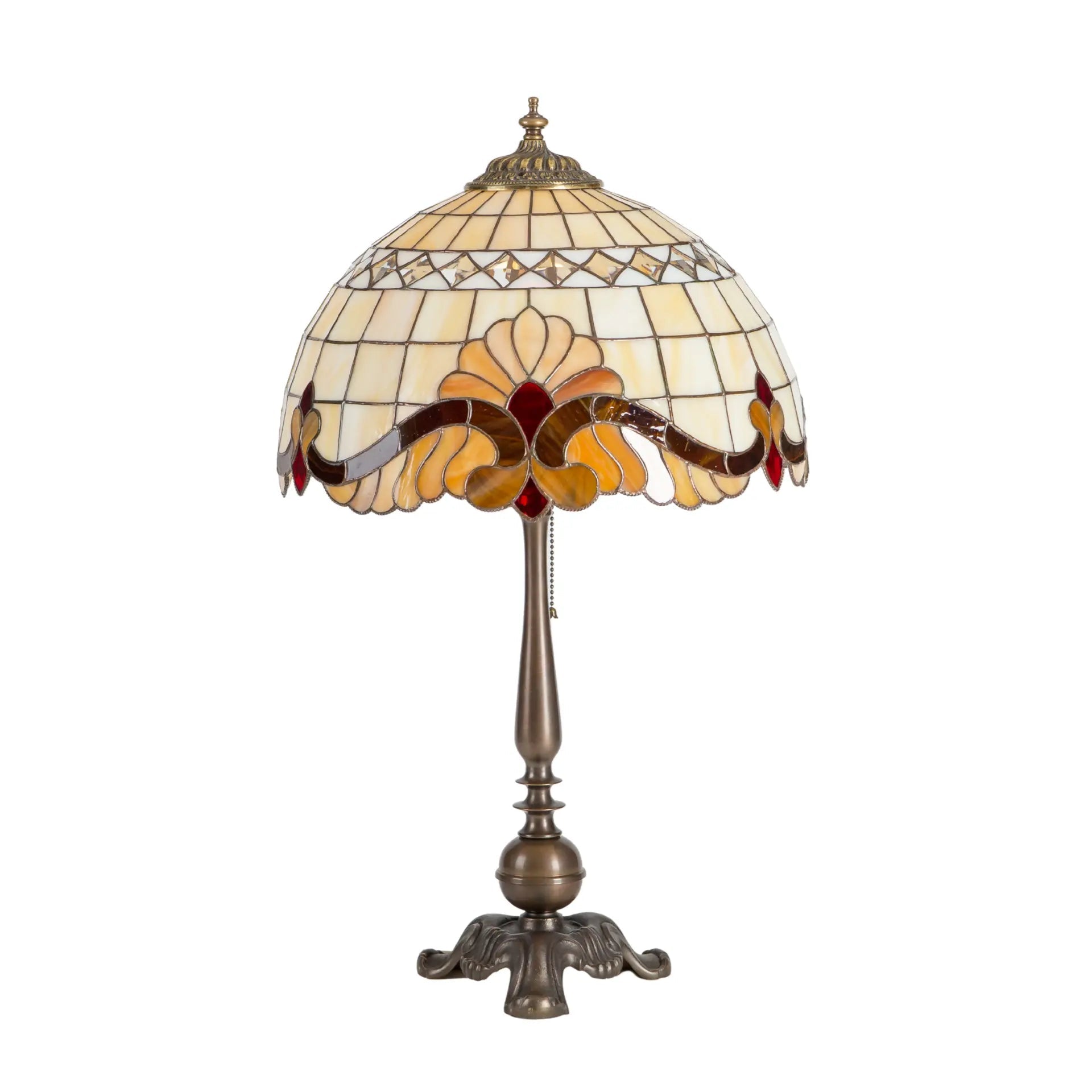 Product photo of stained glass lamp with ruby red accent and ornate base