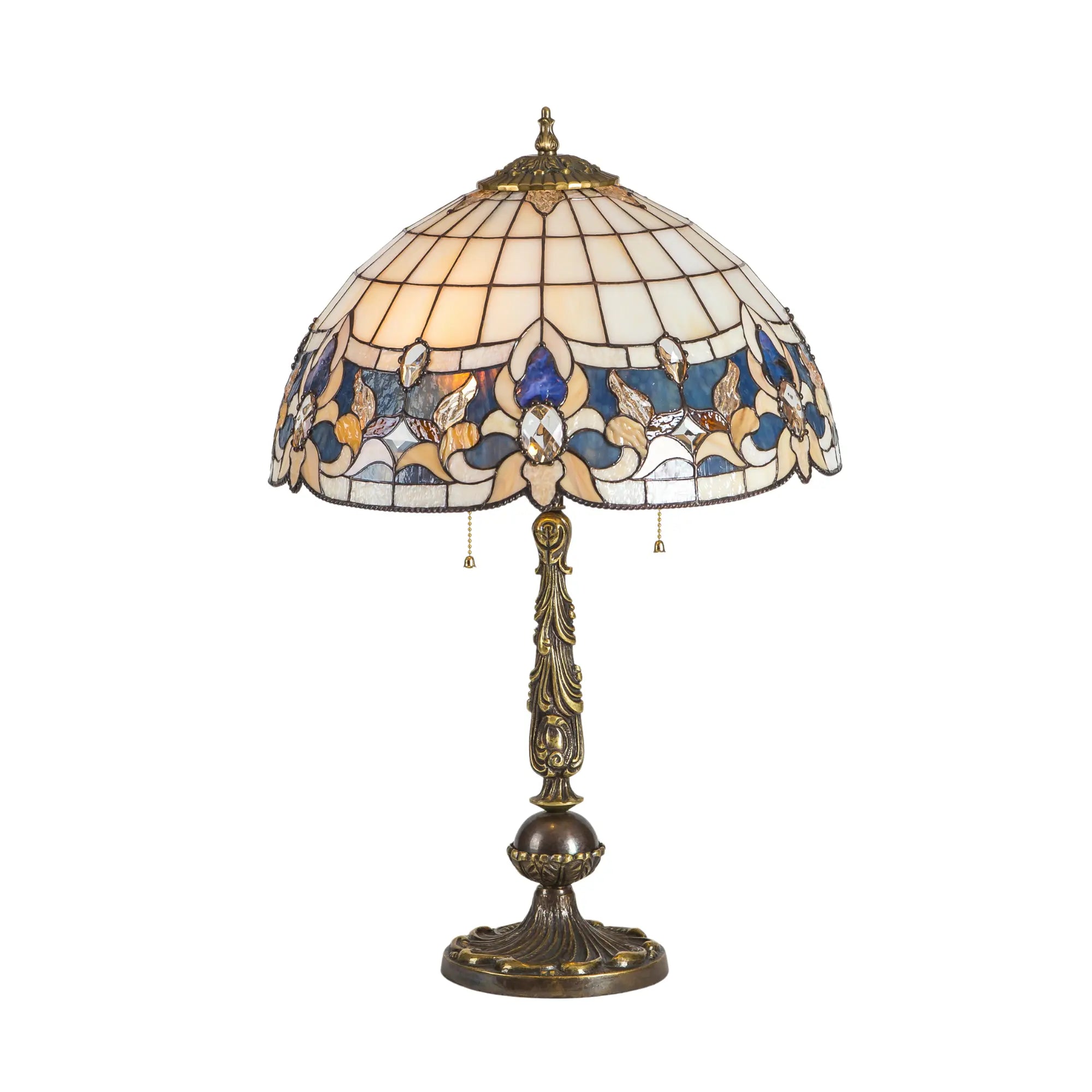 Tiffany-style table lamp with blue and amber stained glass and detailed stand