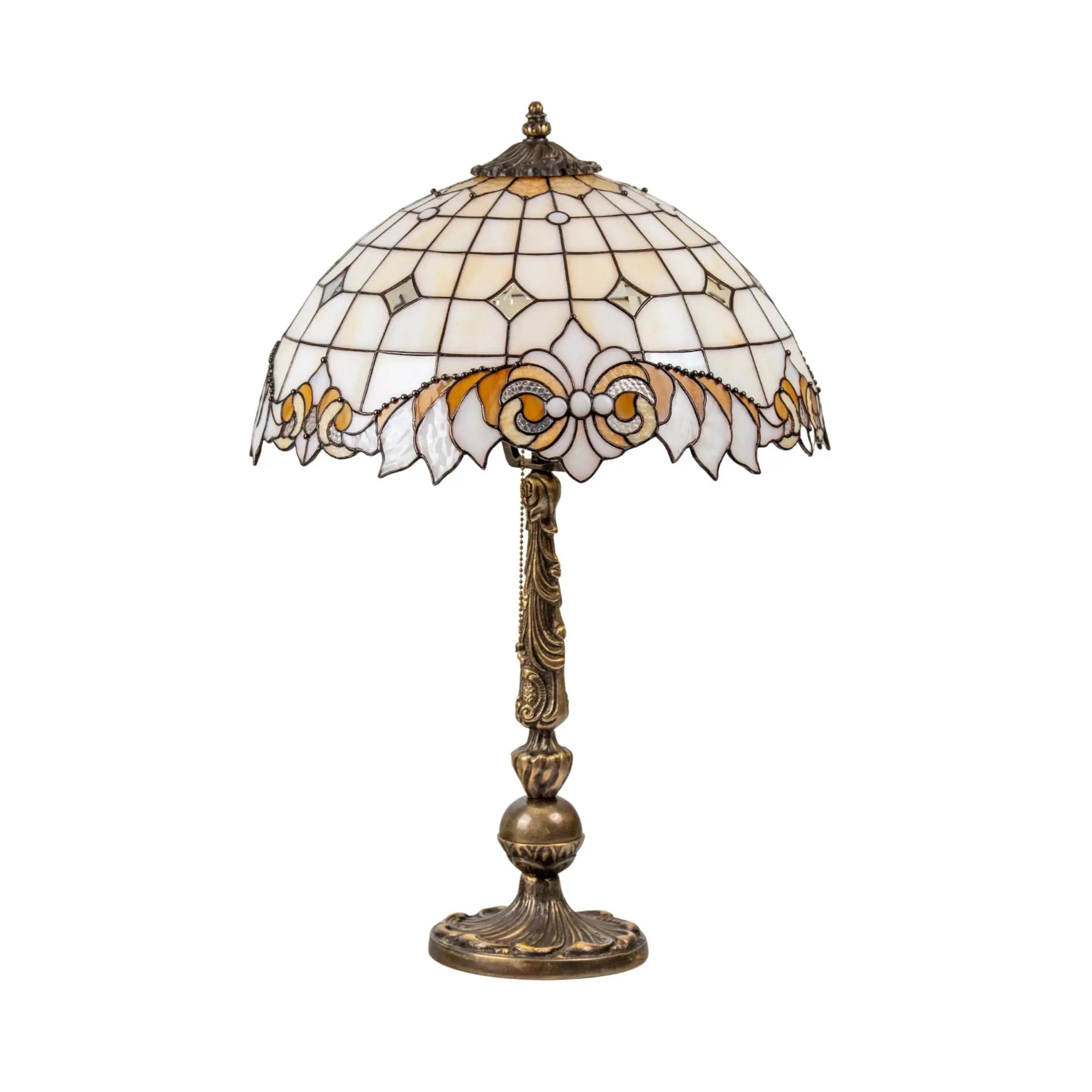 Tiffany-style table lamp with stained glass shade on a white background