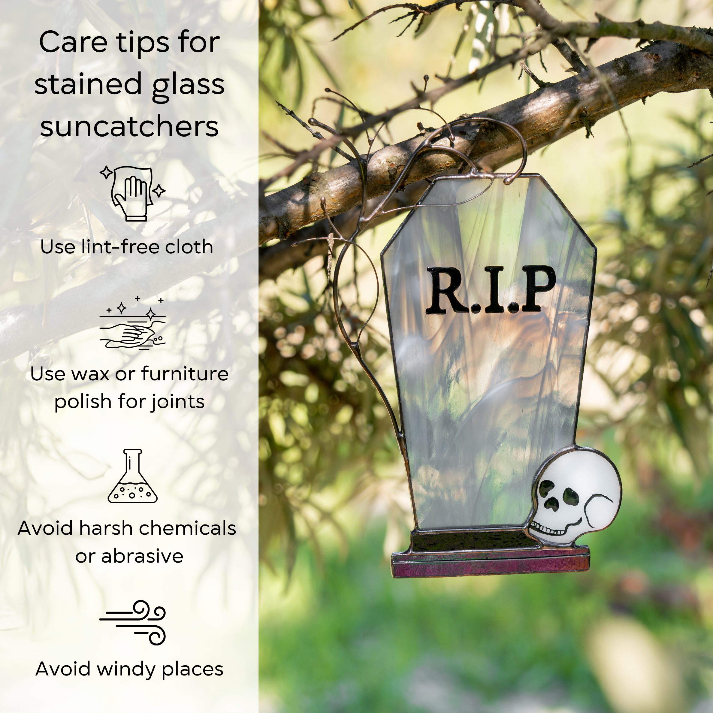 Skull tombstone stained glass decor hanging from a tree, shown with care tips: use lint-free cloth, polish joints with car wax or furniture polish, avoid harsh chemicals, and windy places.